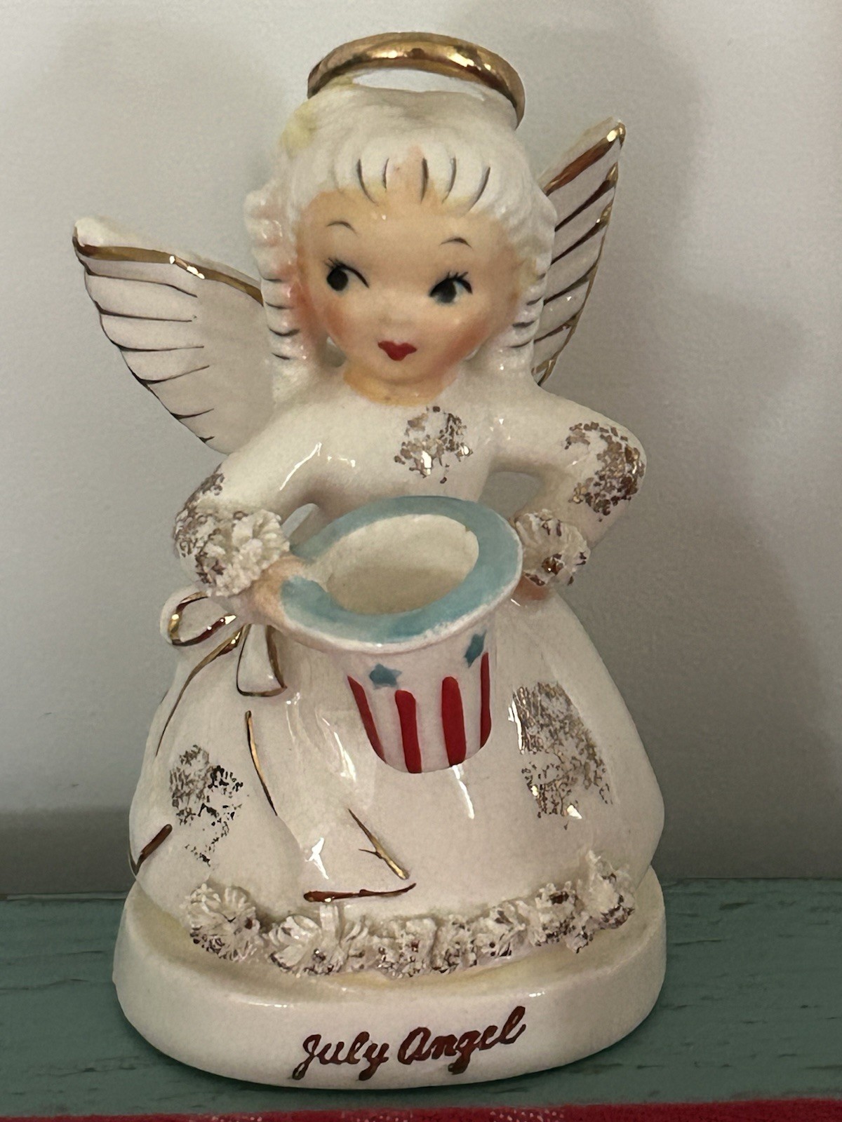 Vintage Napcoware July Birthday Girl Angel Figurine Patriotic Hat NICE!
