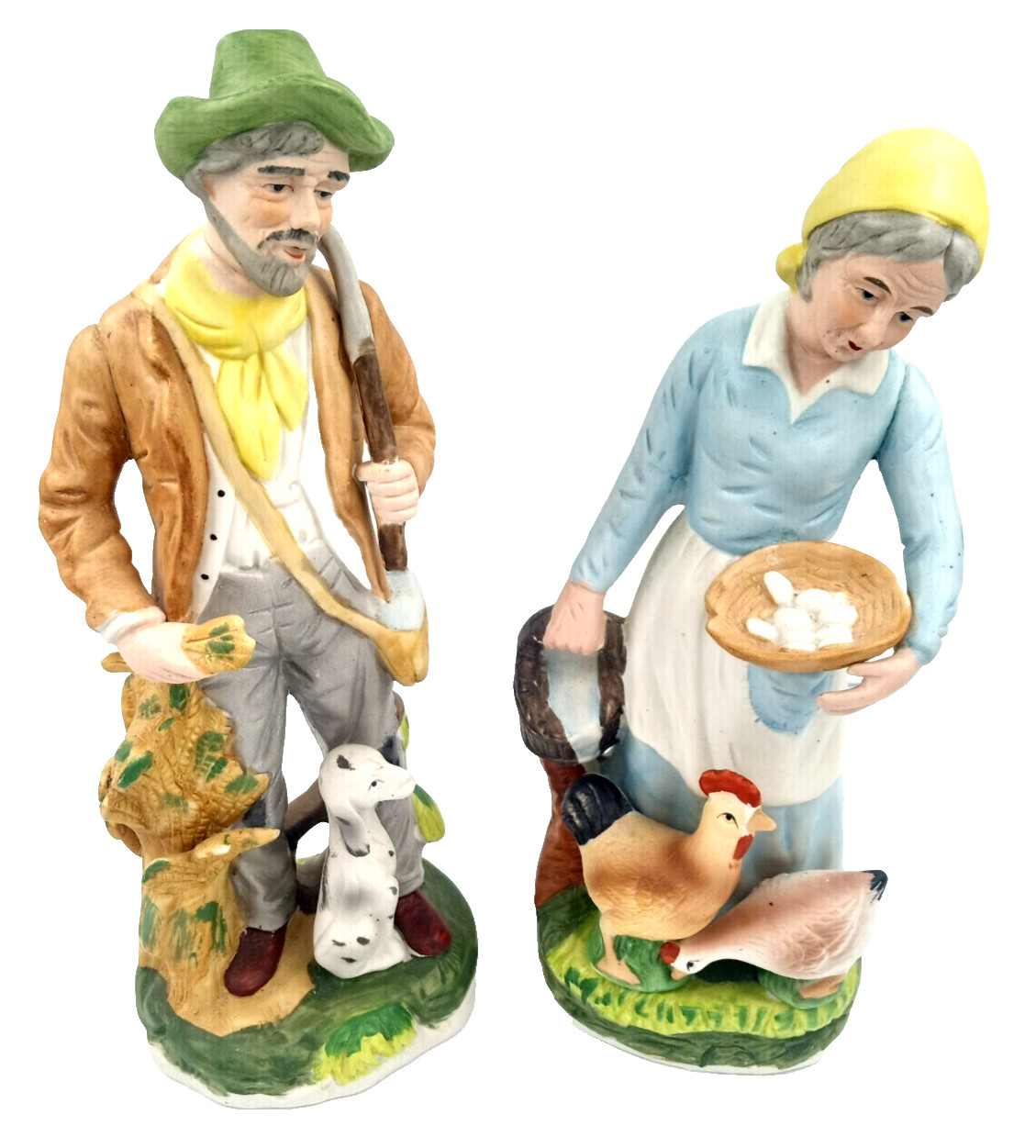 Vintage Farmers, 12 Porcelain Figurine Set Old Man and Woman with Dog & Chickens