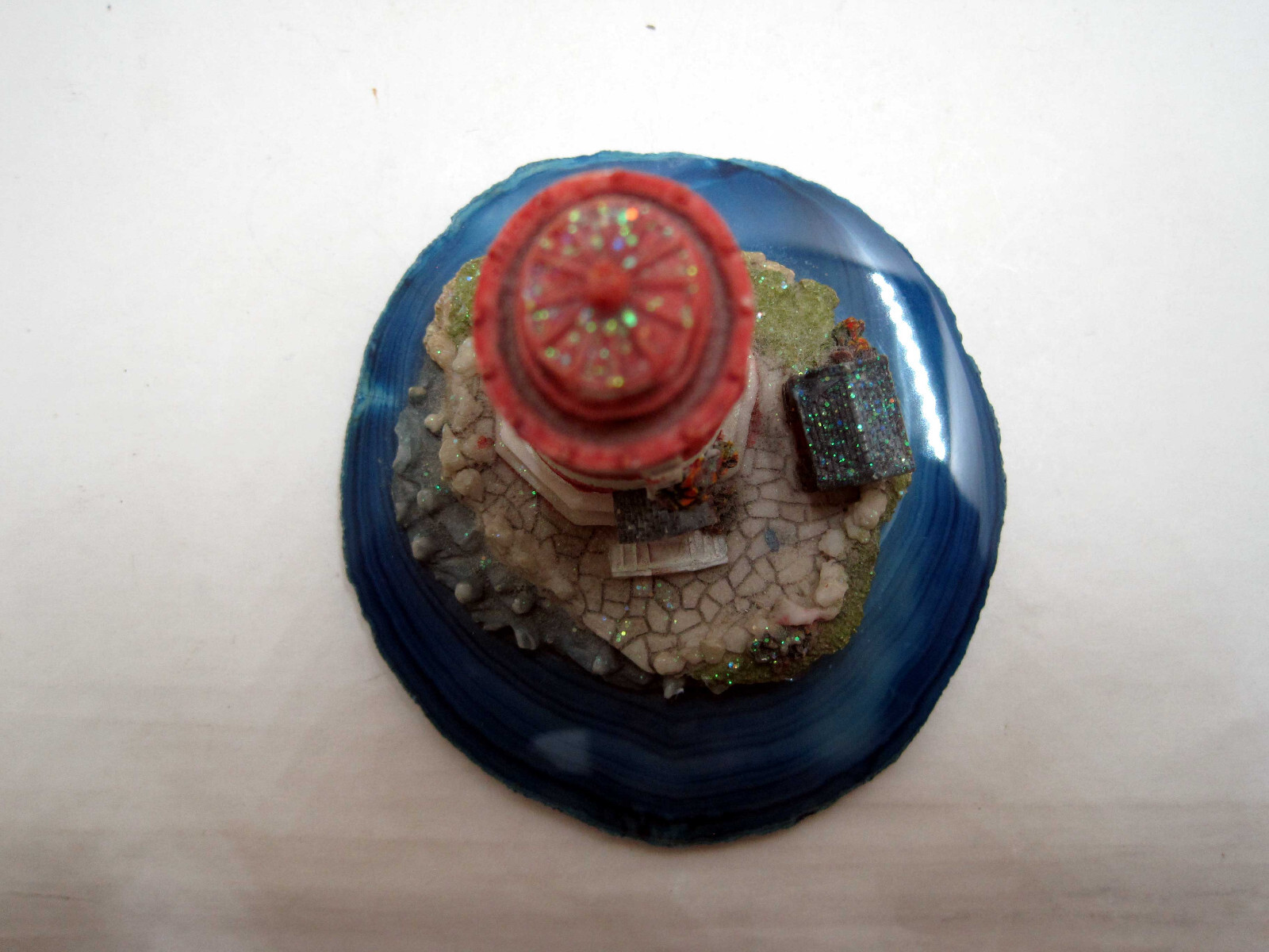 Vintage Lighthouse On Ocean Blue Agate Stone Base Hand Painted Made in Brazil