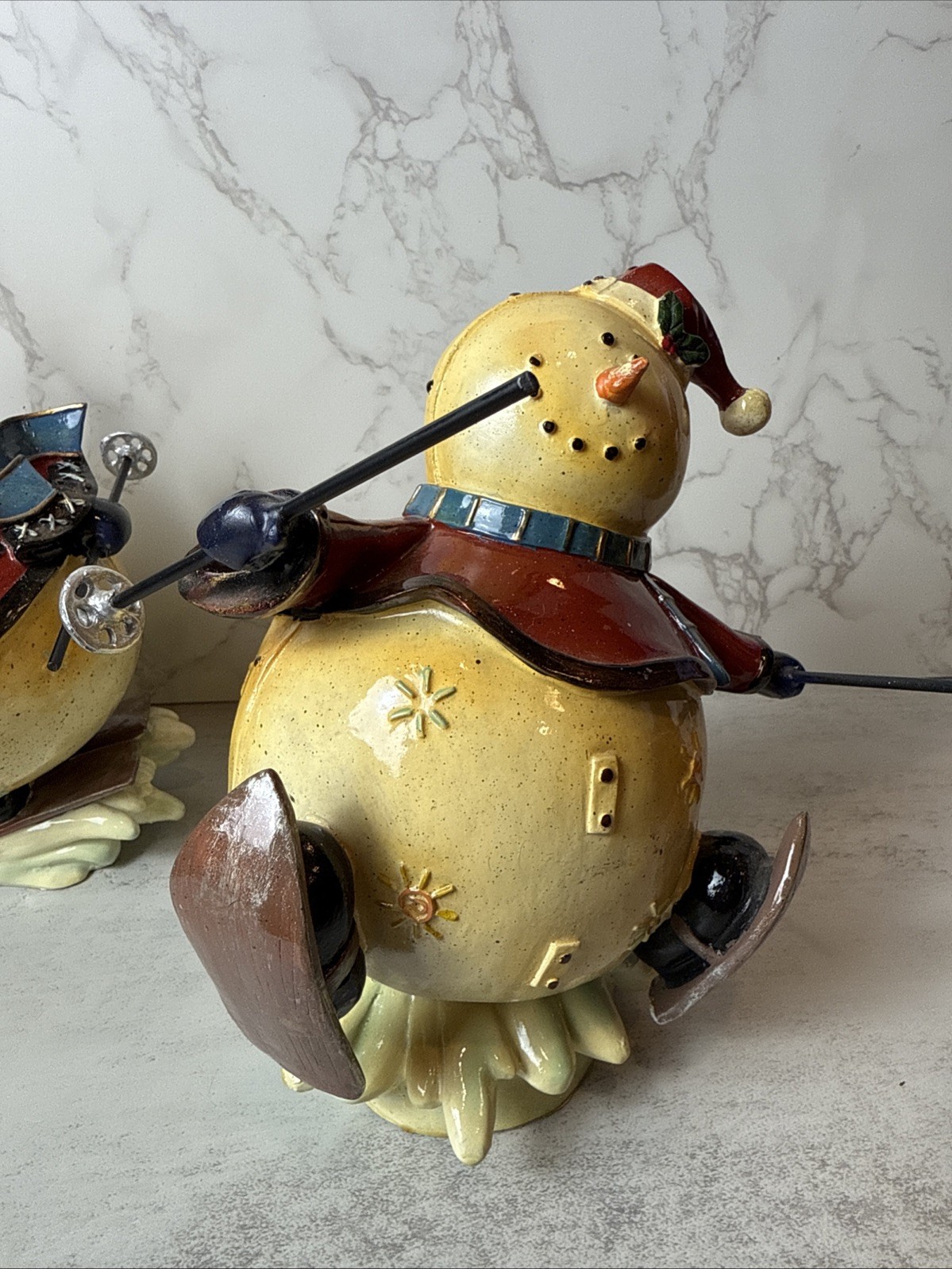 2 Whimsy Kirklands Roly Poly Skiing Snowmen Figurines With Skis and Poles 8”