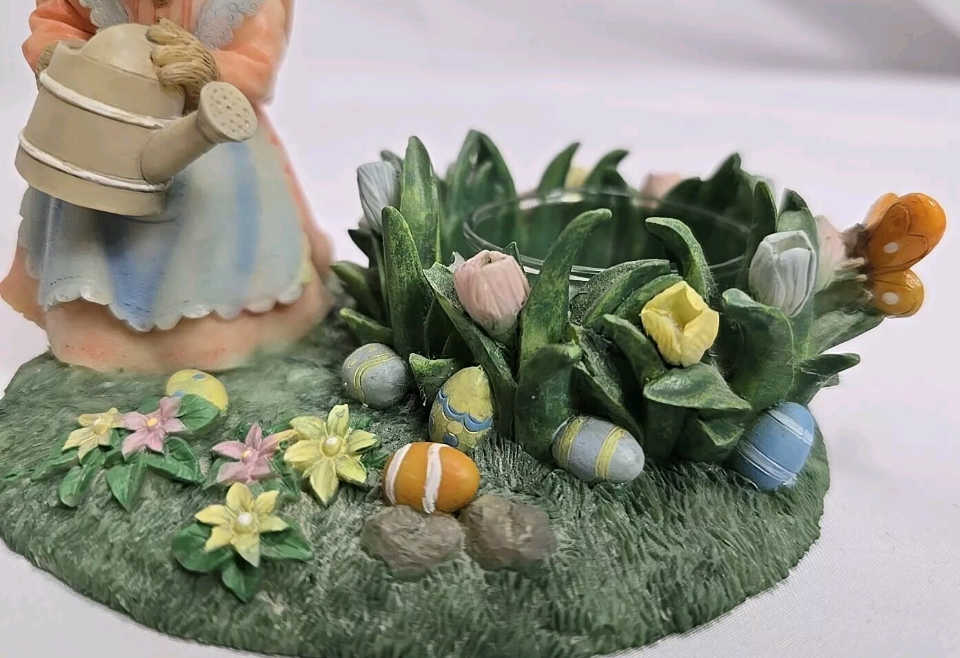 RARE Cute Bunny W/Pink Dress, Blue Apron & Hat In Easter Garden ~Candle Holder!