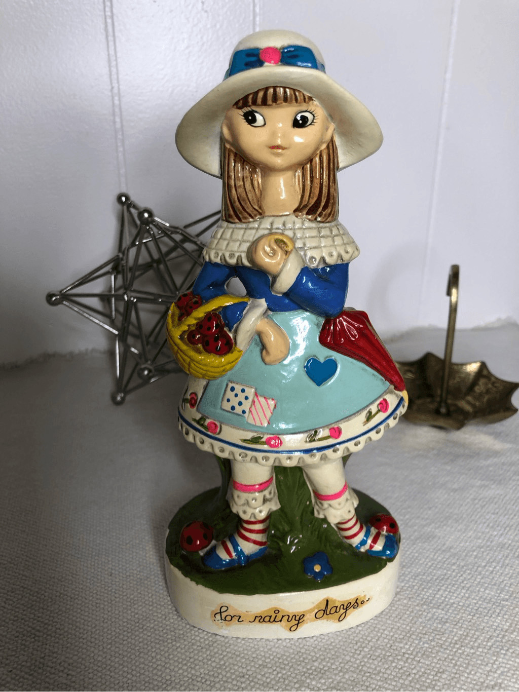 Vintage 60s For Rainy Days Figural Coin Bank Ceramic Figurine Multicolor 8″