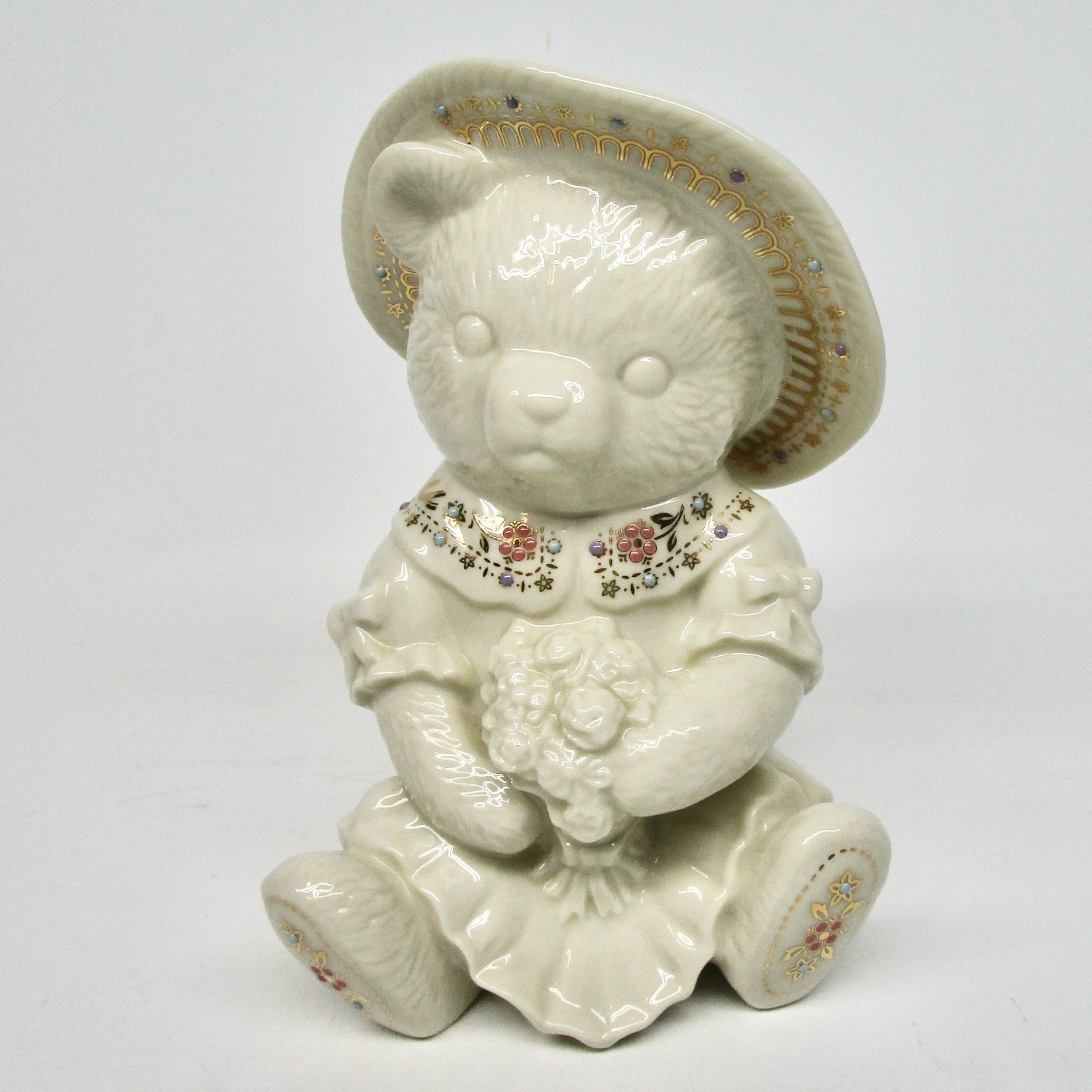 Lenox China Jewels teddy with flowers figurine 6.5″ bear in dress hat cream gold
