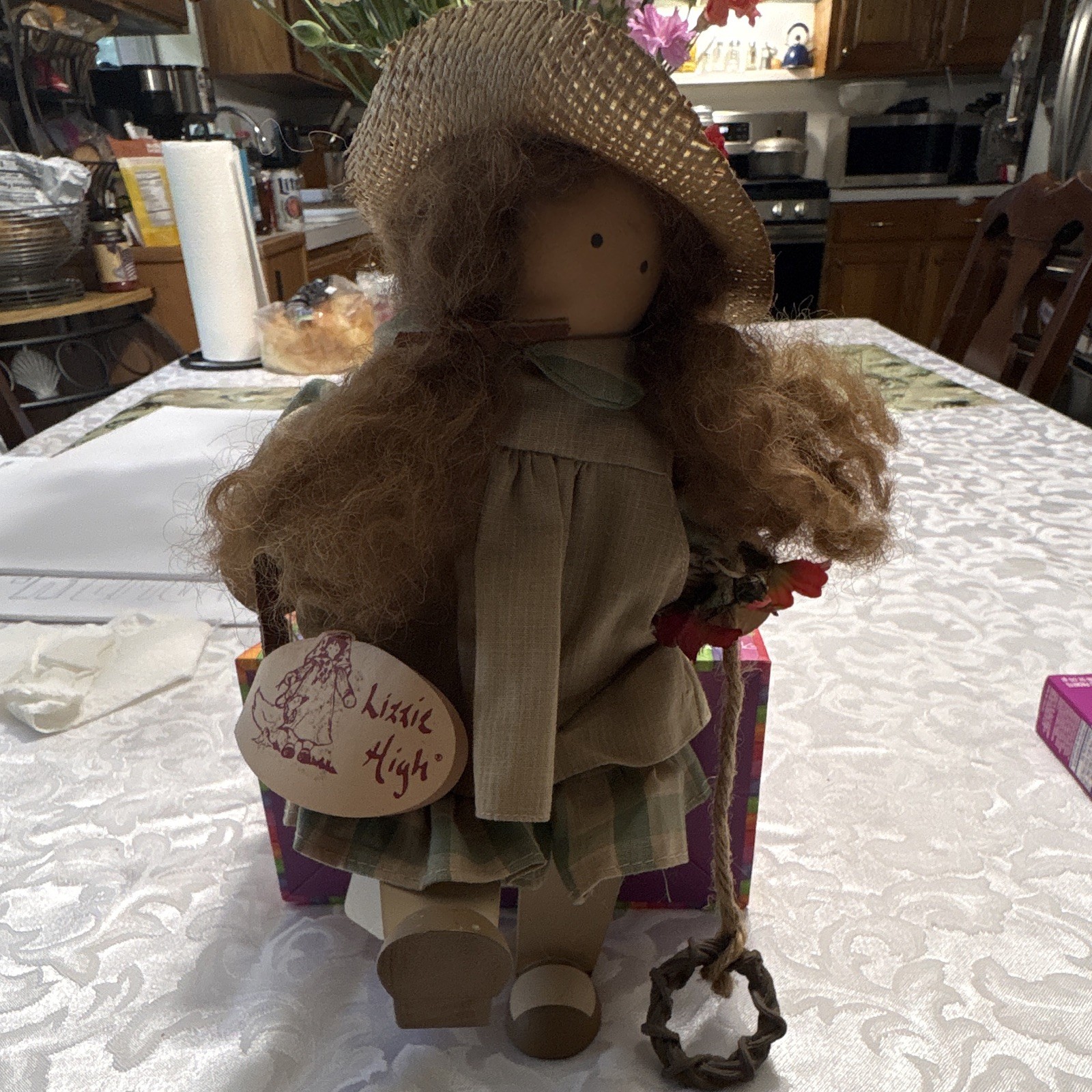 Straw Hat Girl Figurine, Fabric Plaid Dress, Wood Body, Yarn Hair, 3D Effect