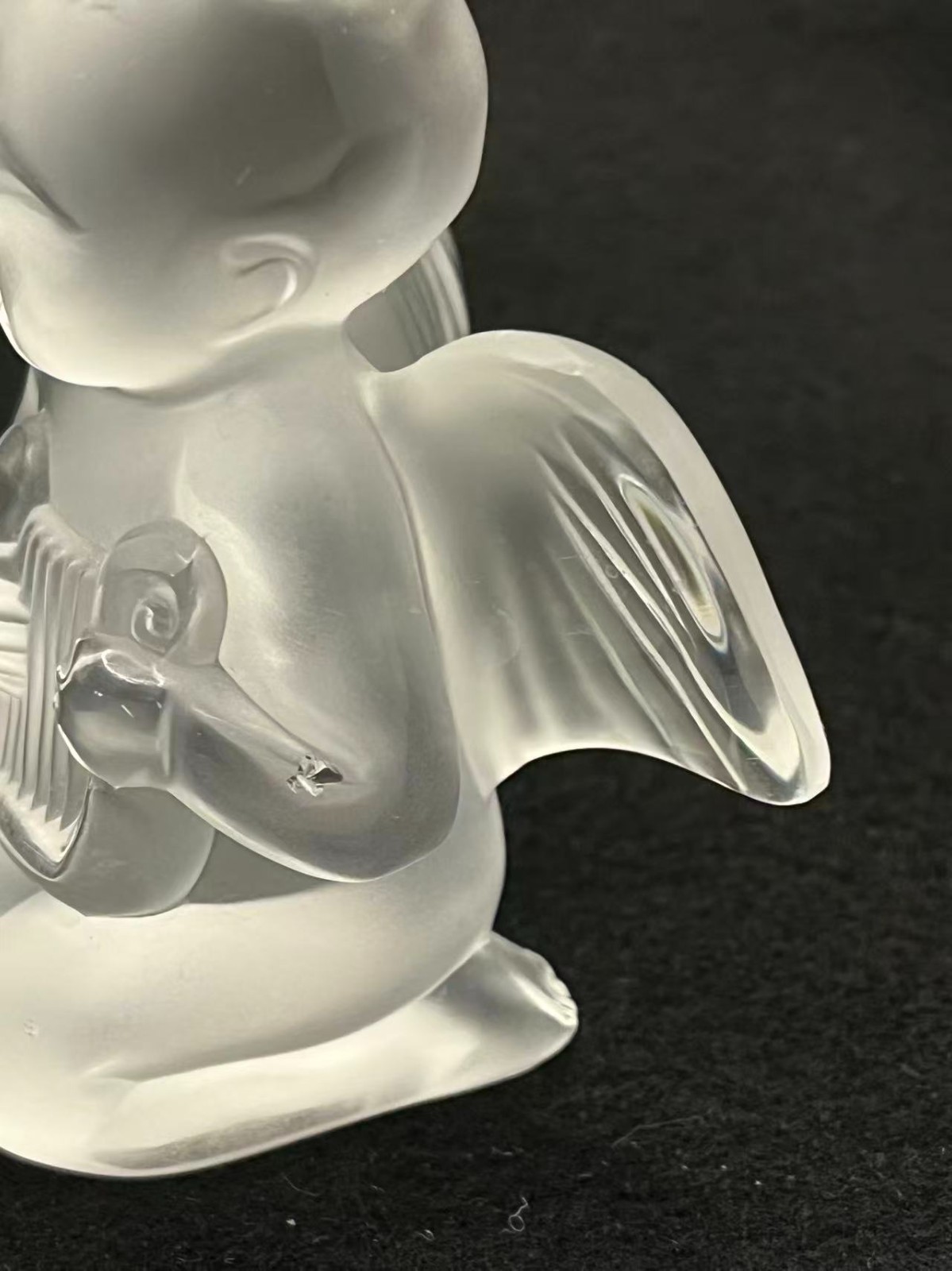 Lalique France Frosted Crystal Cherub/Angel Playing Lyre Figurine 3.3in Tall