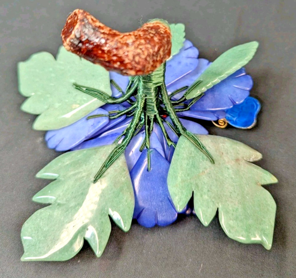 Vintage Hand Carved Green Blue Jade Flower Bouquet Cloisonne Butterfly Sculpture