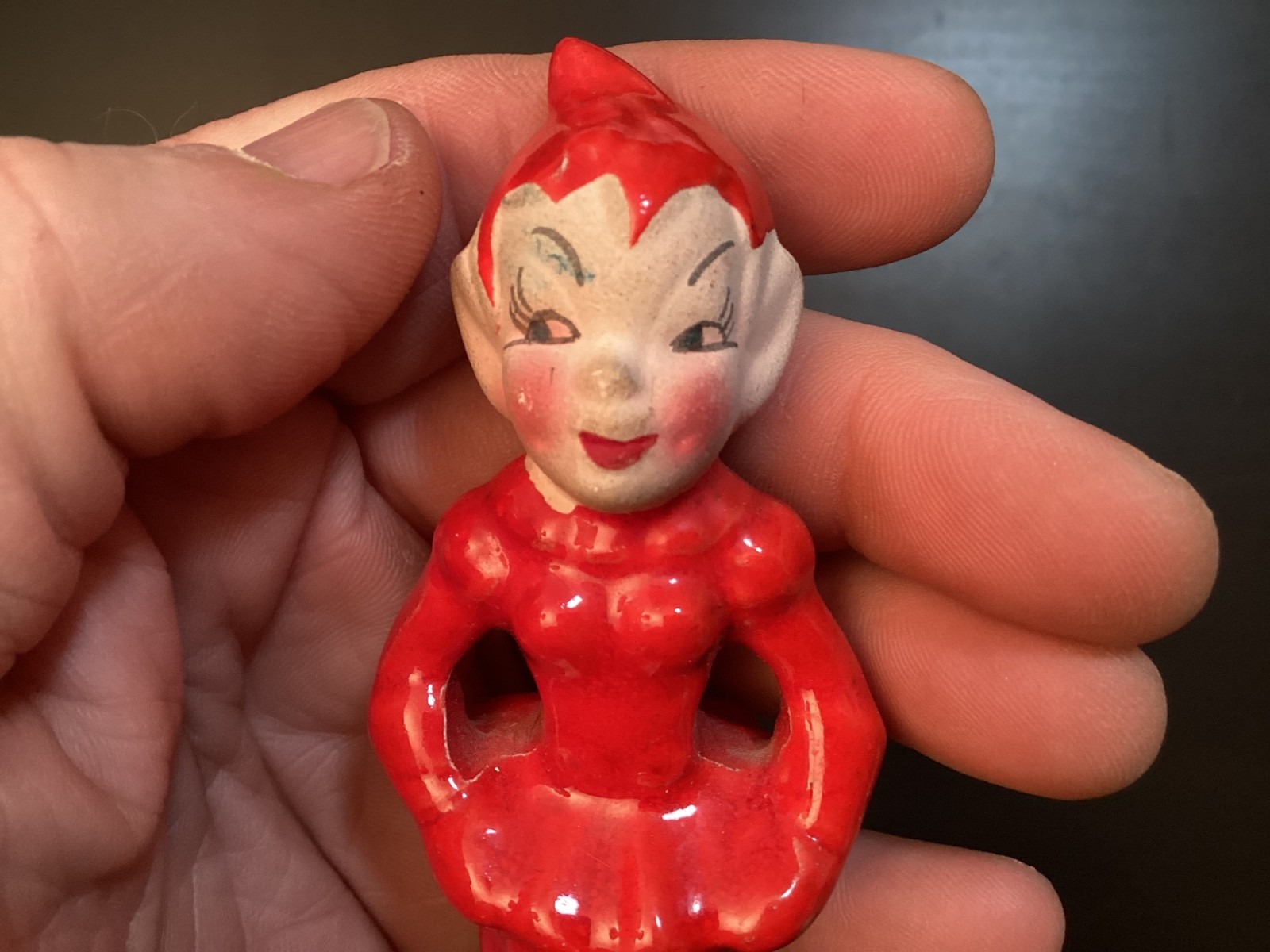 VINTAGE MCM 1950s Red ELF PIXIE Sitting Ceramic Figurine