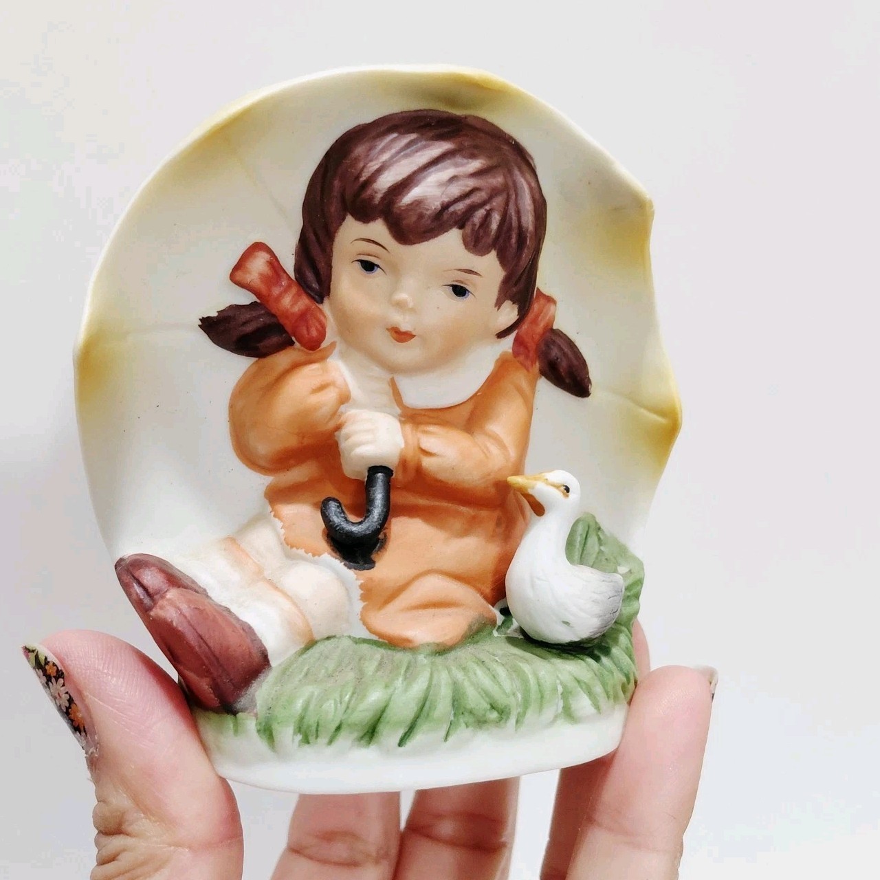 Vintage Ceramic Little Girl w/umbrella & Duck Figurine Korea Hand Painted