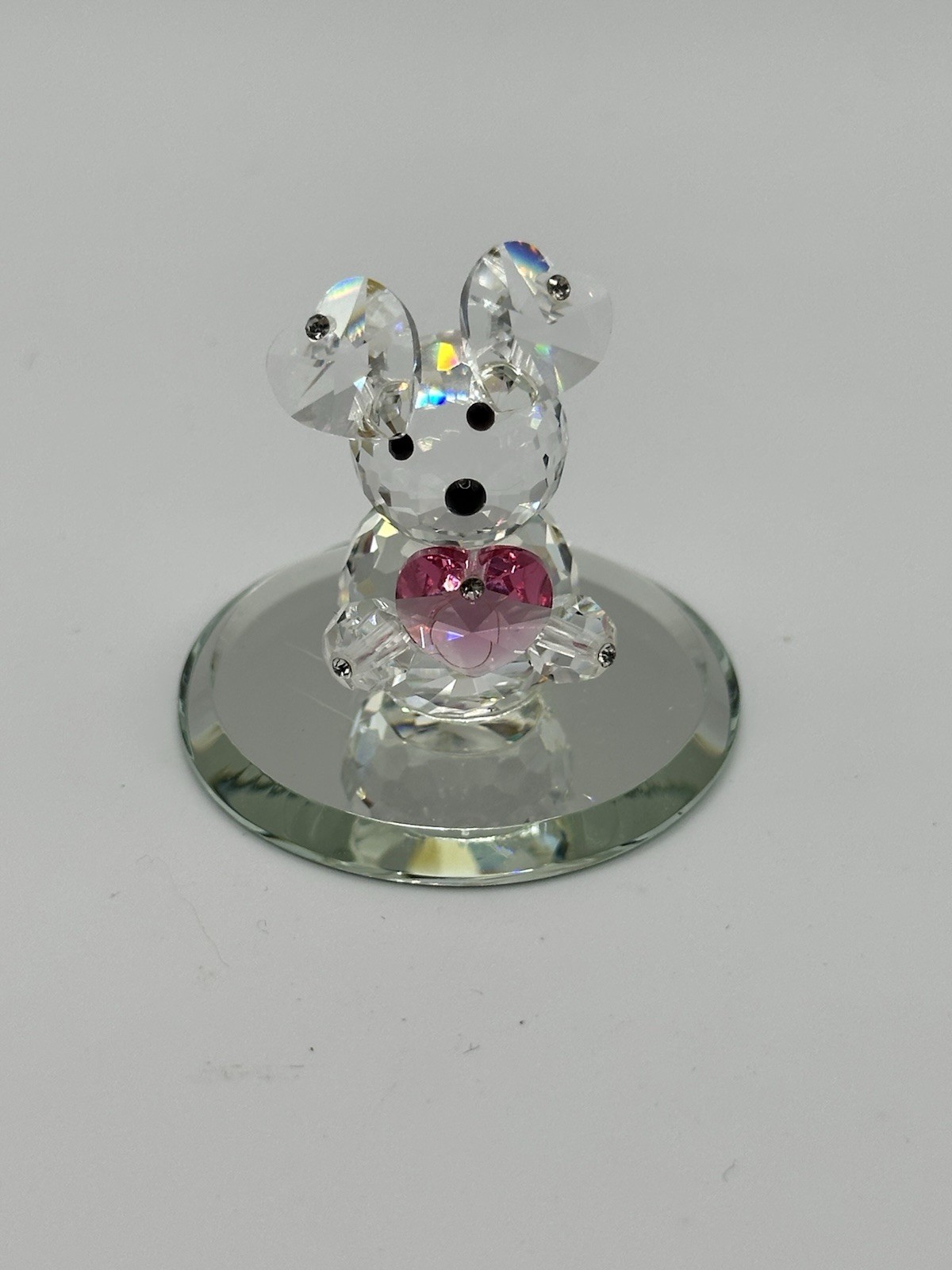 Clear Crystal Teddy Bear With Pink Heart Figurine On Round Beveled Mirrored Base