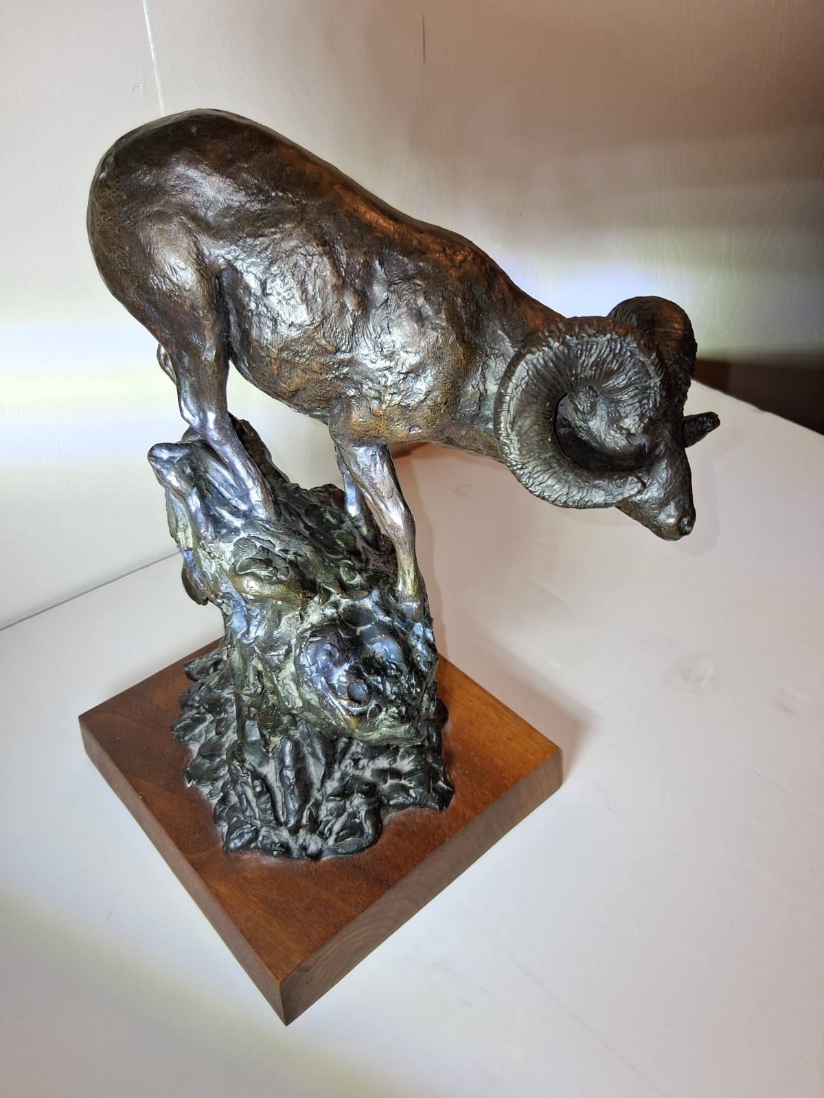Halko Signed Bronze Ram Sculpture on Wooden Base 3D Effect Metallic Finish