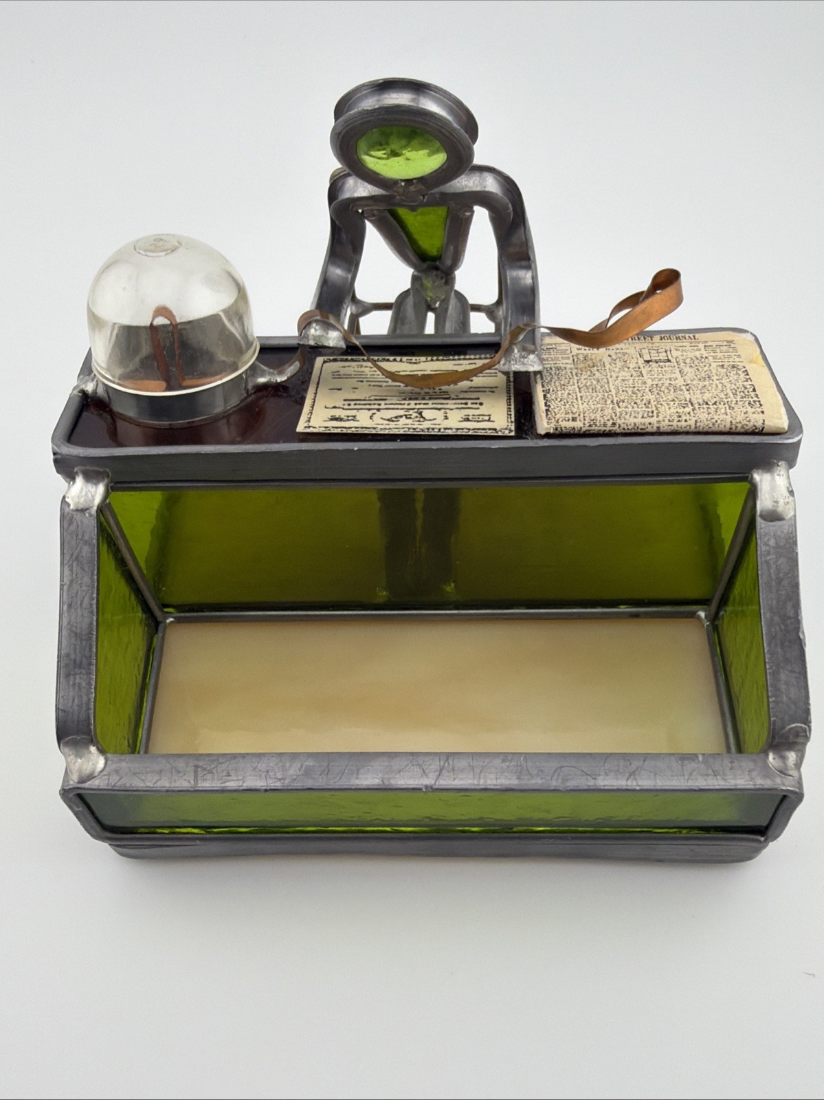 Vintage Handmade Stained Glass Desk Organizer Attributed to Carl Goeller Style