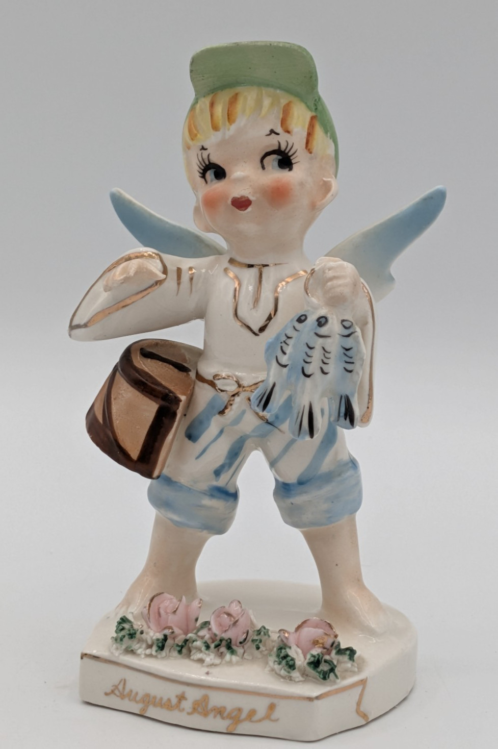 Vintage Lefton August Boy Angel w Blue Tip Wings Has 3 Fish & Fishing Basket 556