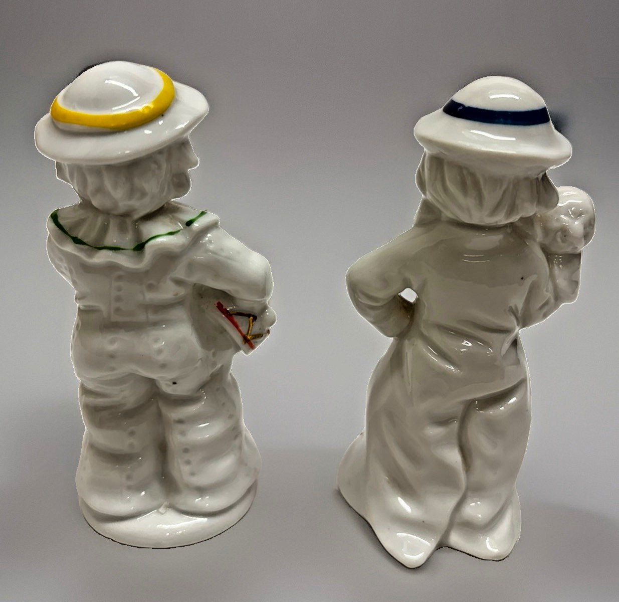 Vintage Japanese Porcelain Clown Figurines Pair Unmarked Mid Century 1950s 60s