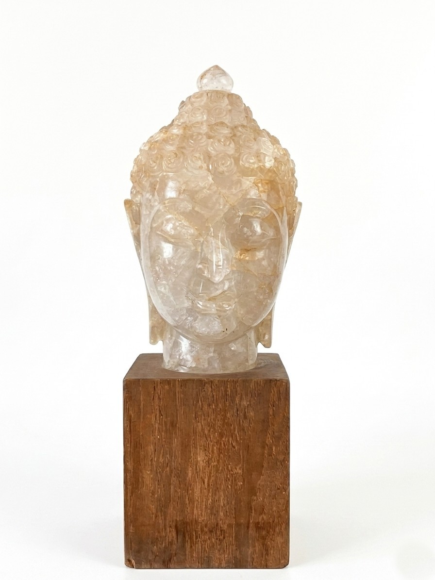 Fine Rare Large Rock Crystal Quartz Hand Carved Head of Buddha Wood Base 12.5 in