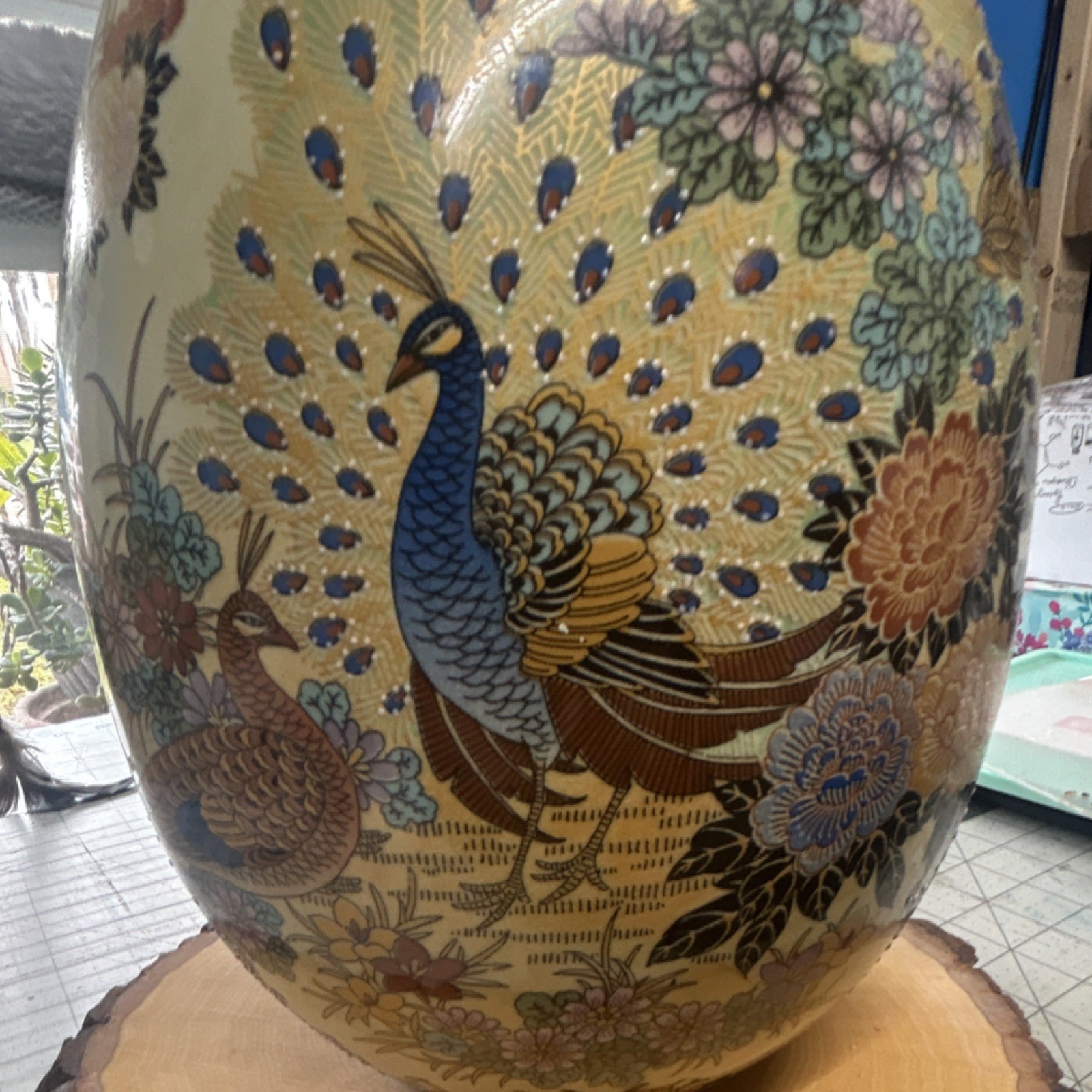 Hand-Painted Ceramic Decorative Egg Peacock & Floral Design Large 13 in