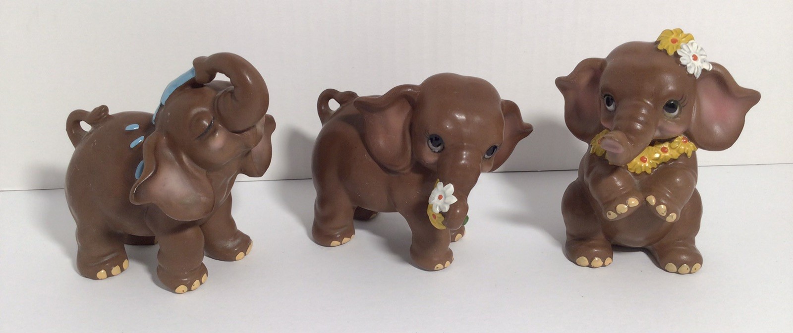 3 Vintage Josef Originals Brown Baby Elephant Figurines Flowers & Bathing, Japan