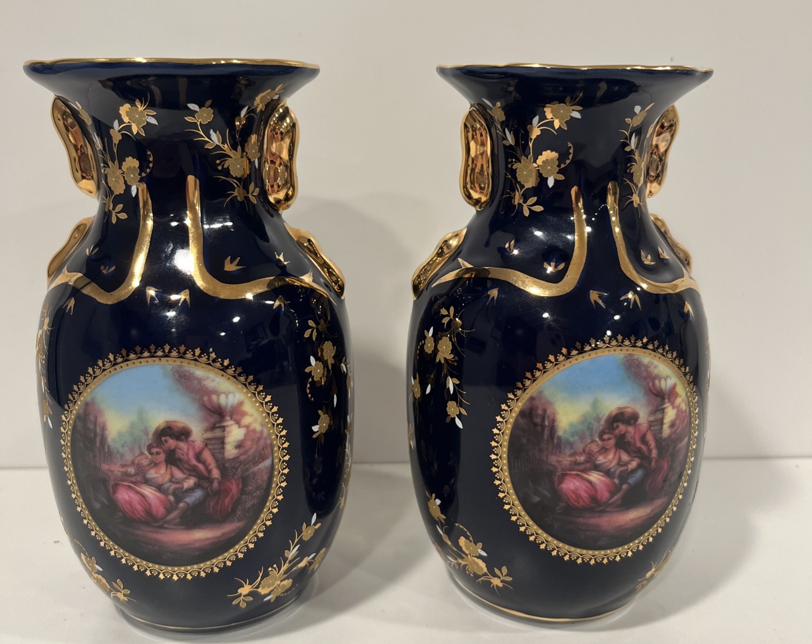 Porcelain Blue And Gold Historical Figures Vases 6” Tall