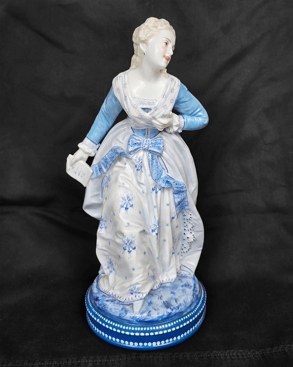 13.5″ Antique Porcelain Lady Receiving Love Letter Figurine, Germany c.1885–1910