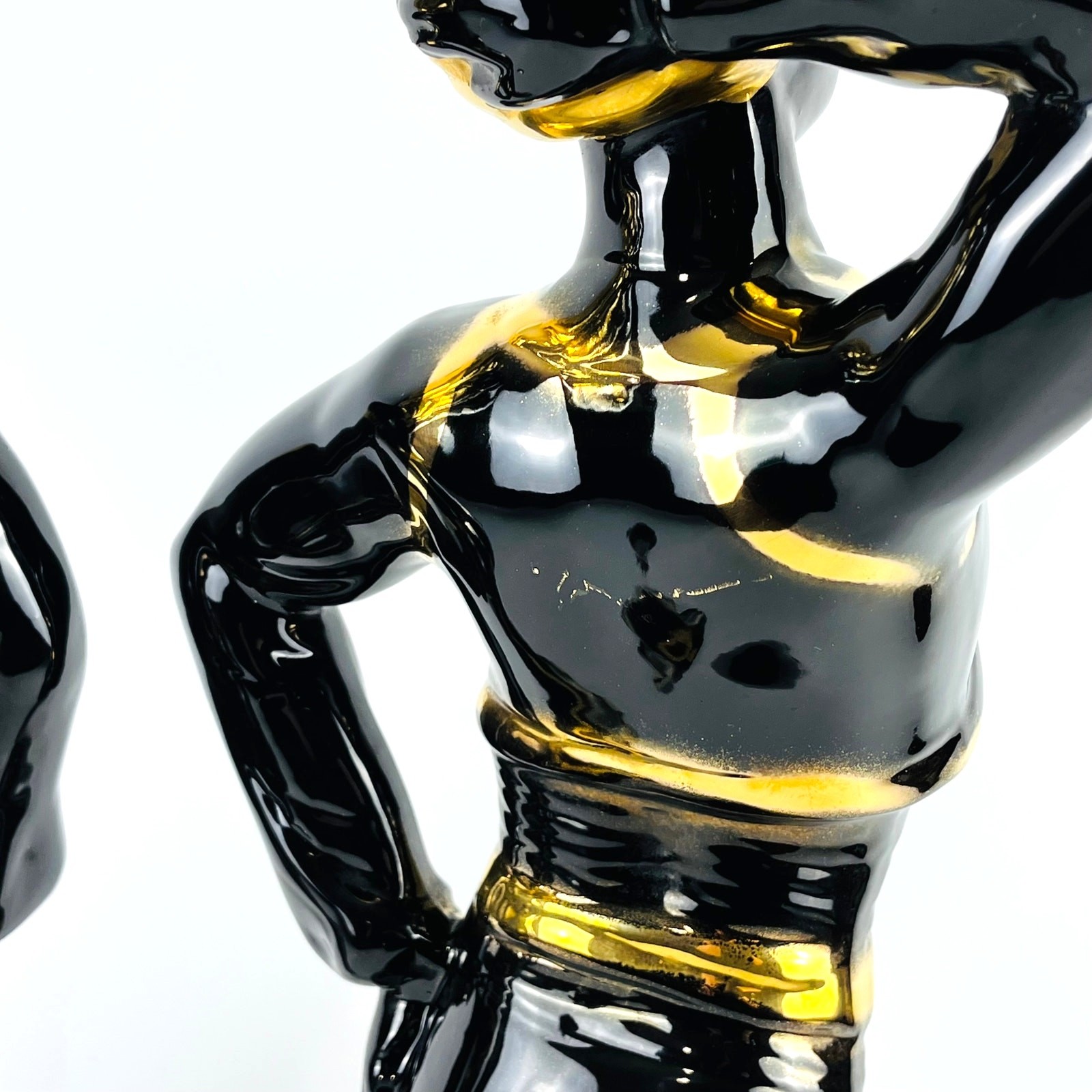VTG 27″ Black Gold Ceramic Exotic Dancer Pair Hollywood Regency Tiki Blackamoor