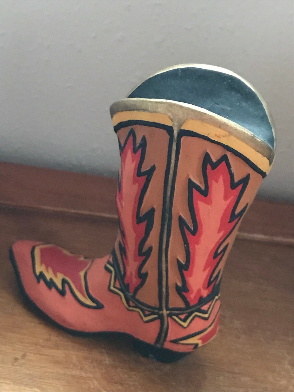 Small Orange Red & Brown Painted Hollow Ceramic Western Cowboy Boot Figurine –