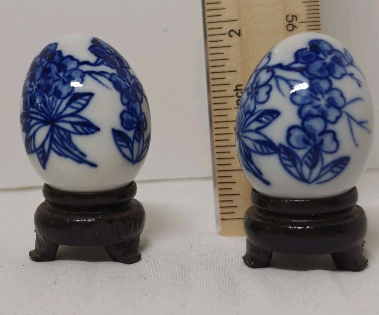 2 Mini Blue White Porcelain Eggs with Stands Chinoiserie Style Floral Decor