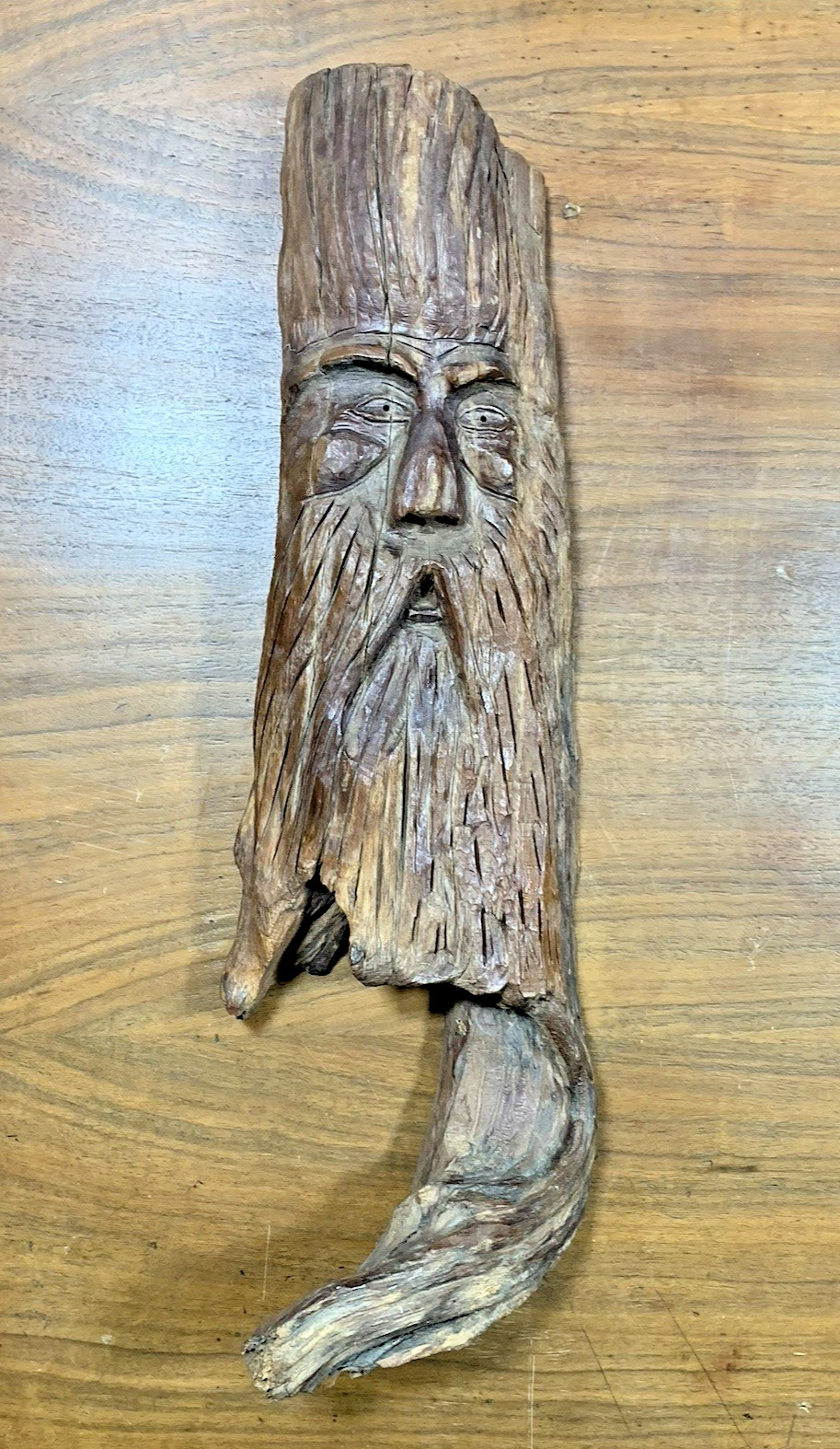 Vintage Wood Spirit Carving Forest Face Hobbit Tree Wizard Head 19″