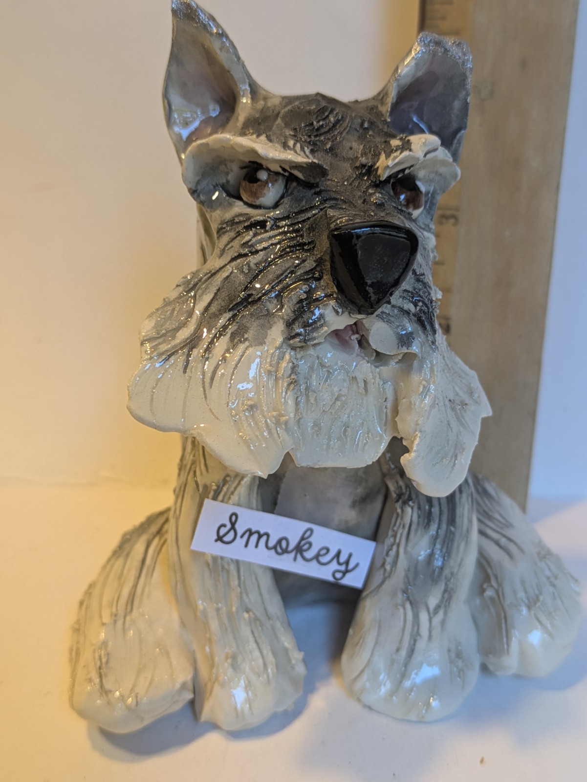 Snazzy Schnauzer Smokey WhimsiClay Vintage Dog Sculpture. Ear Repaired