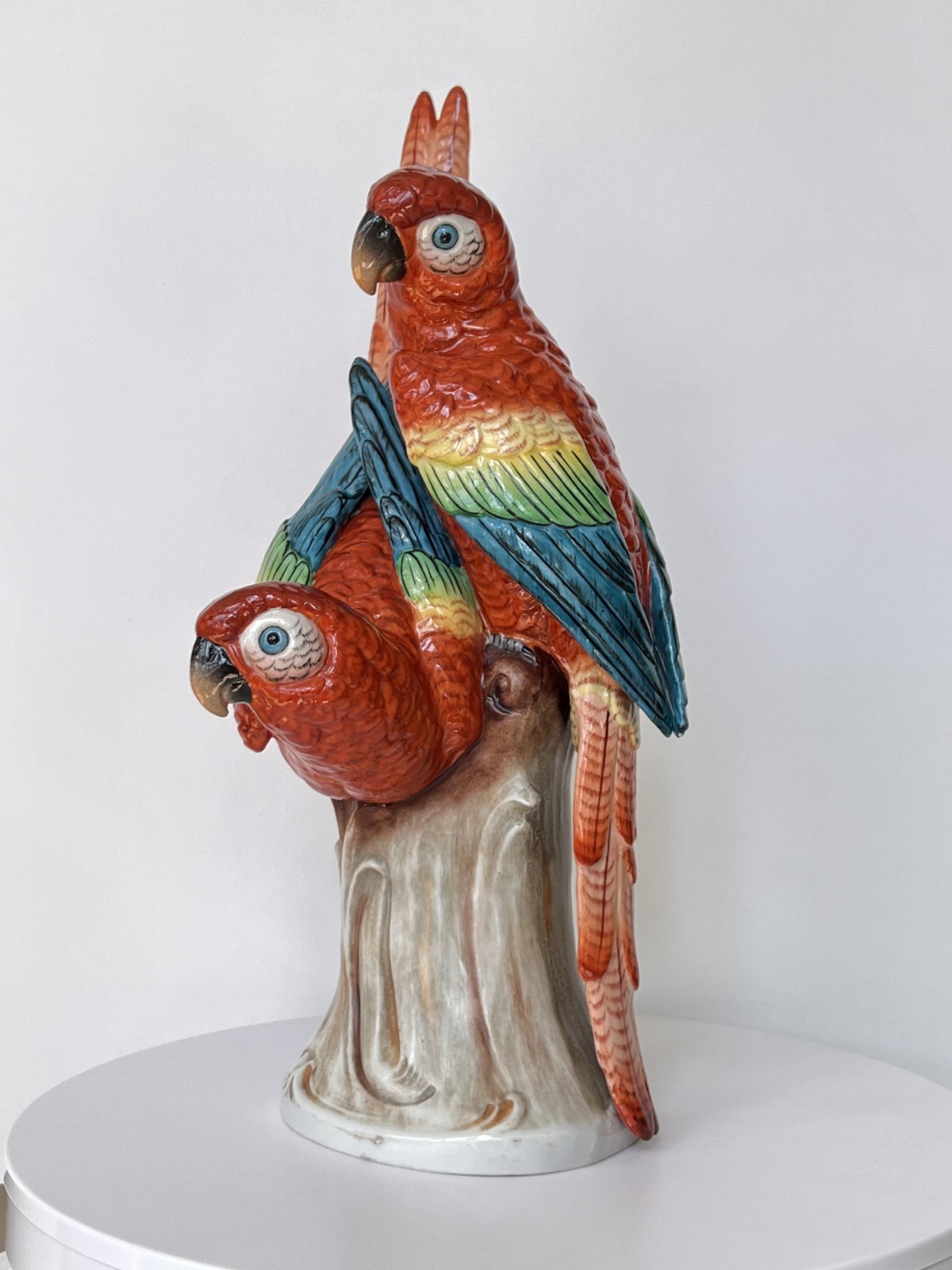 Antique Porcelain Bird Figurine Red Macaw Parrots Sinzendorf 1918 13″ High