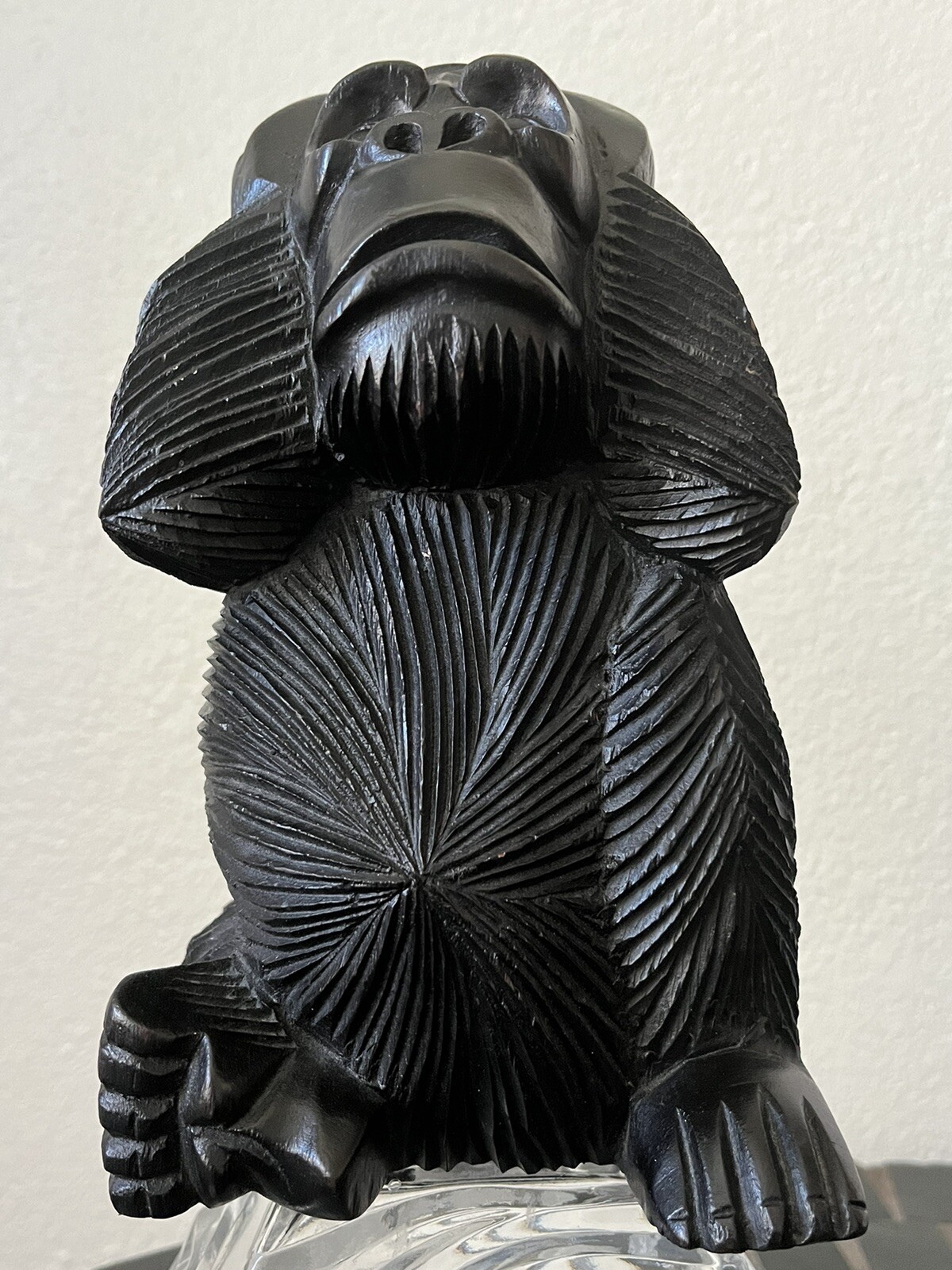 Hand Carved Black Solid Wood ~ Wise Monkeys Hear No Evil Statue 8.25 x 4.5 x 5.5
