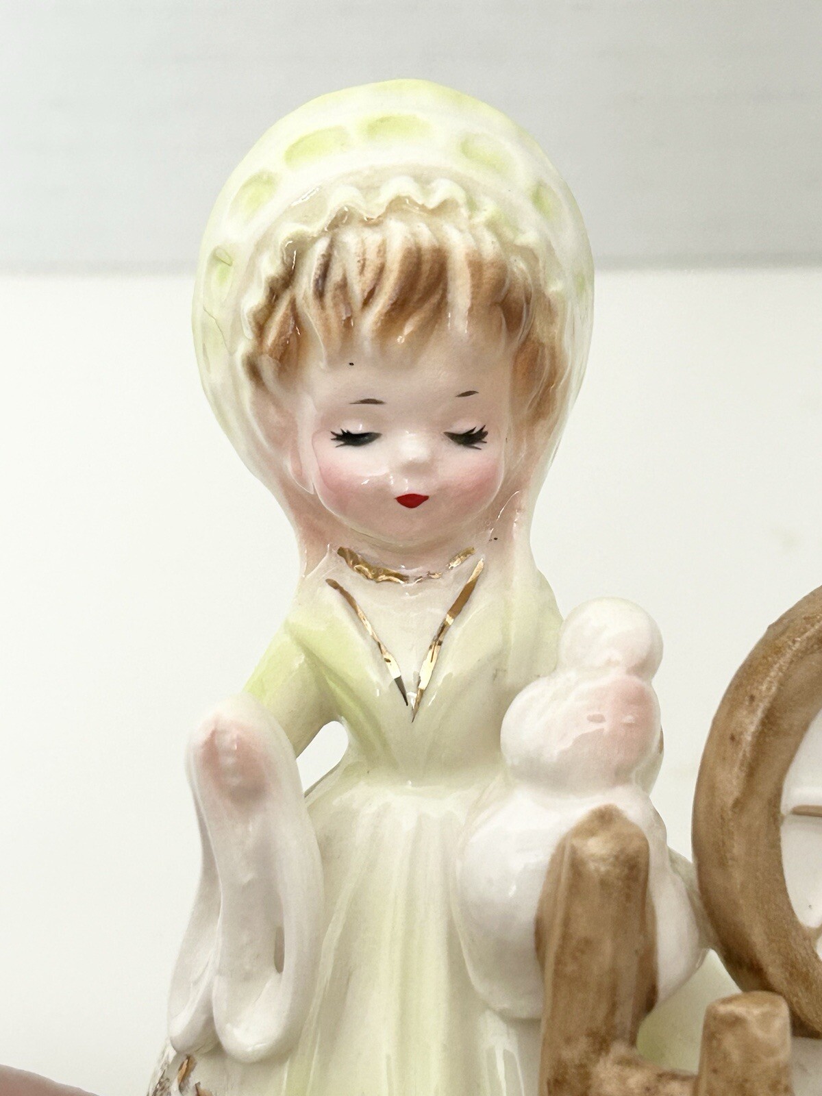 Josef Originals Colonial Days Spinning Wheel Girl Figurine Green Dress
