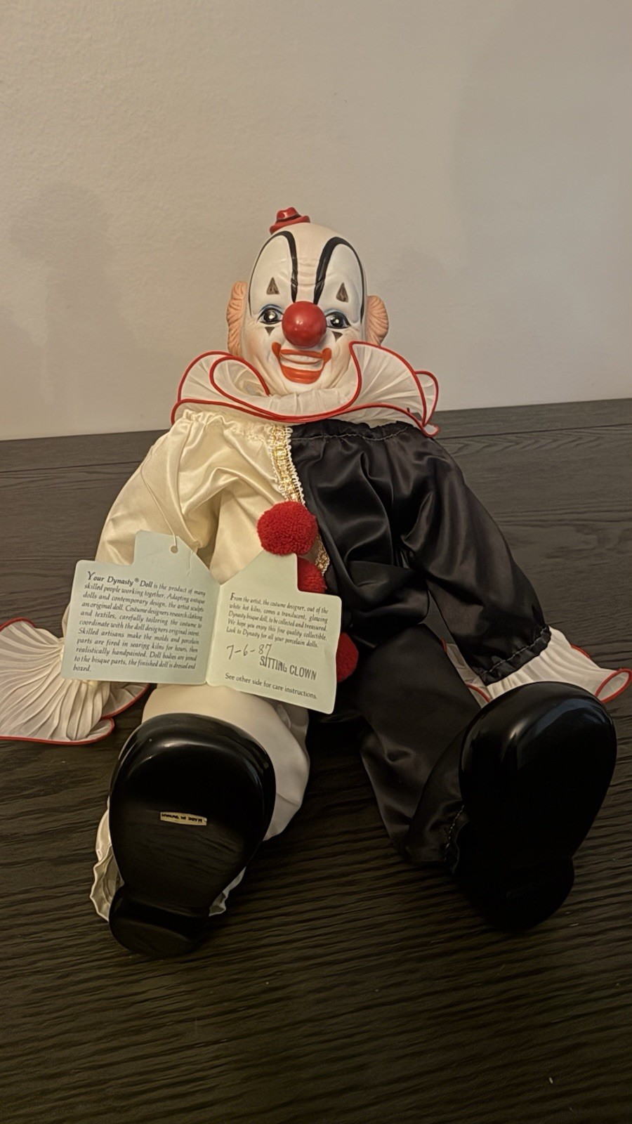 Vintage Clown Porcelain 1983 Black White Red Dynasty Doll Sitting Clown