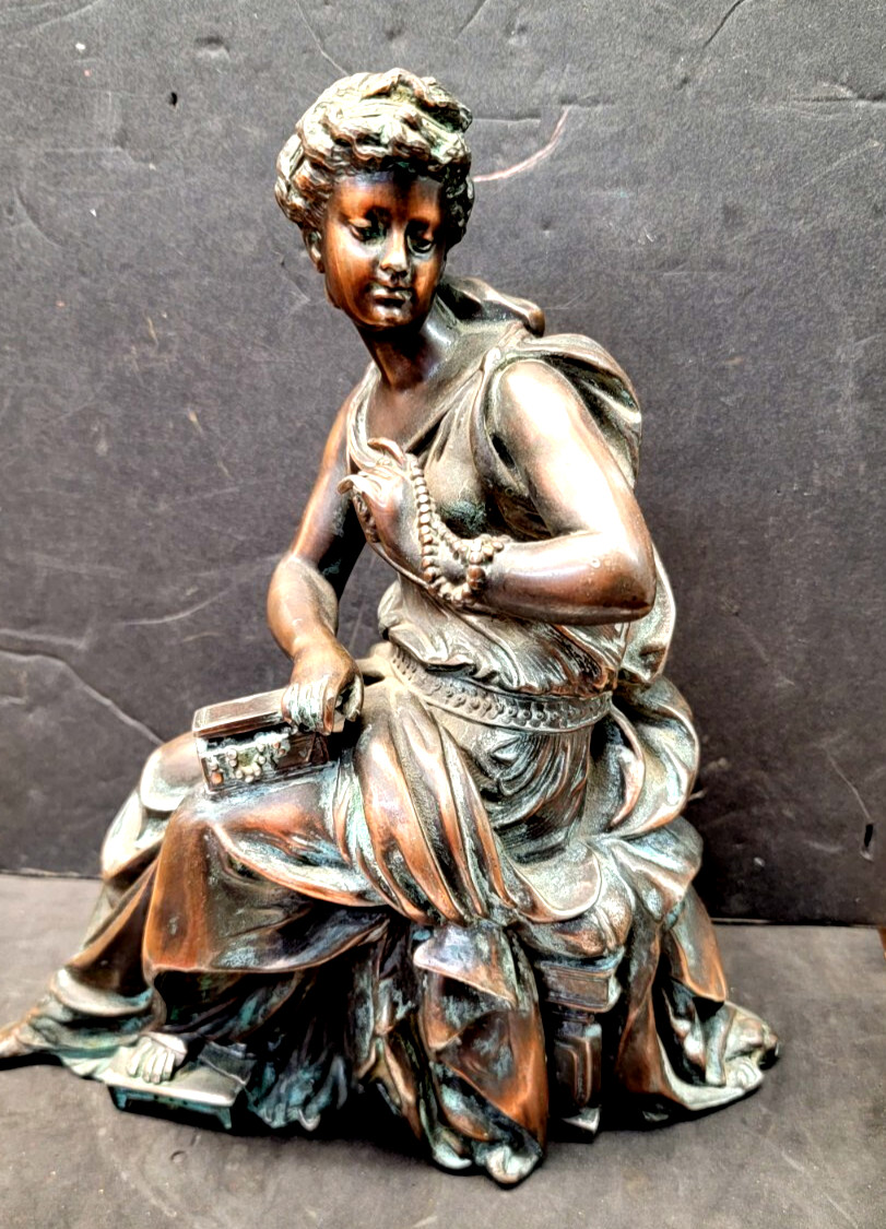 ANTIQUE VICTORIAN METAL STATUE OF A WOMAN SITTING WITH JEWELS- ORIGINAL FINISH