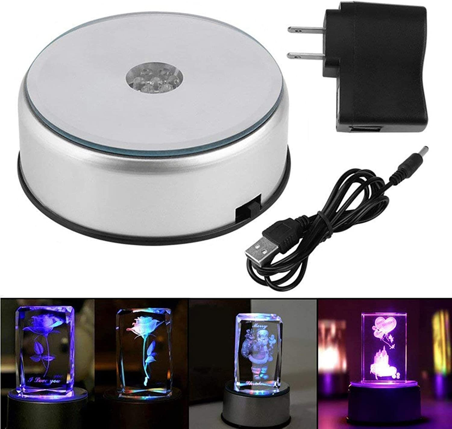 4″ 7 LED Display Turntable Base for Crystals Glass Art 7 Colorful Light Rotating