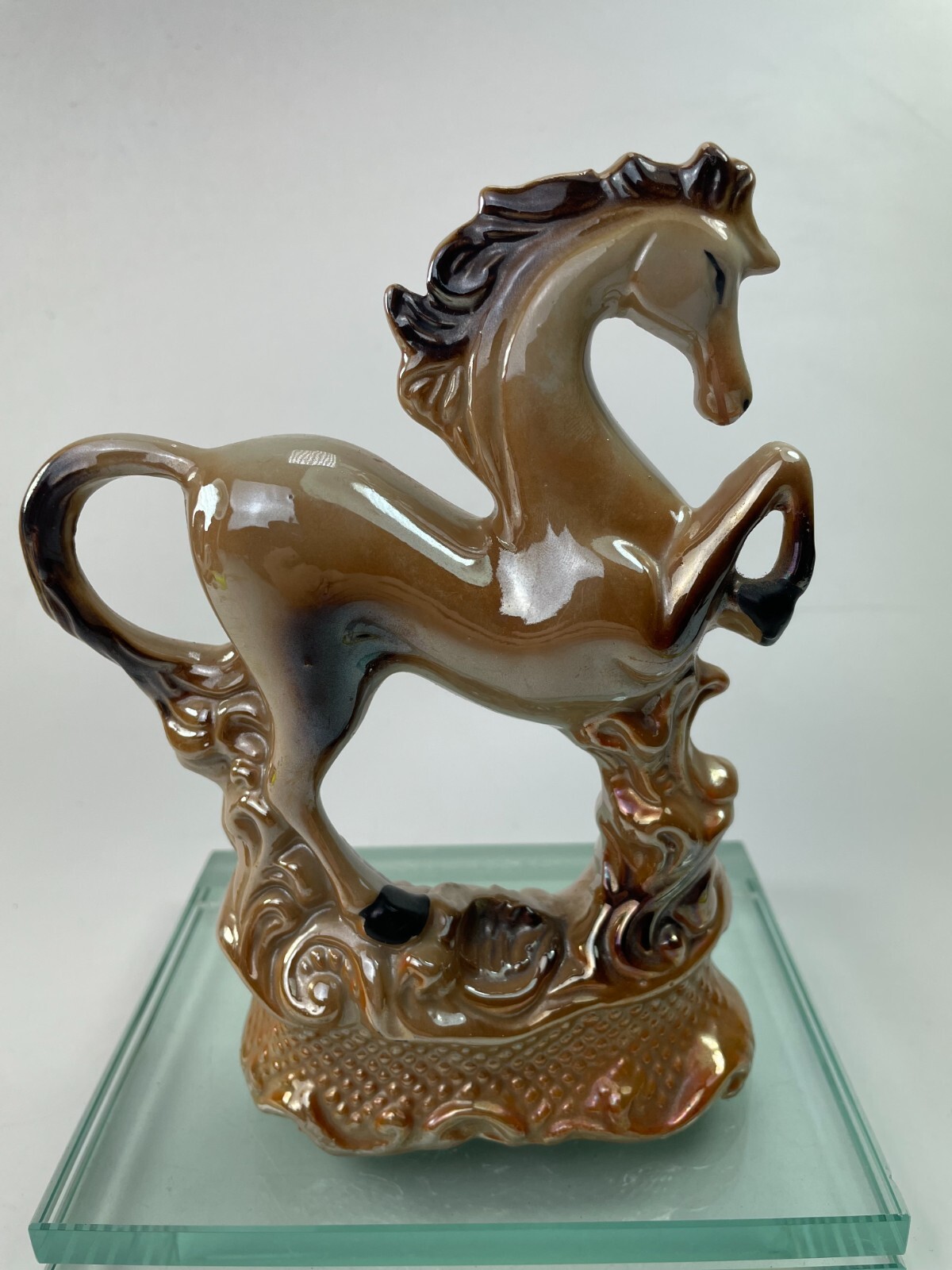 Vintage Stallion Horse Figurine Iridescent Glaze Prancing Festival Brazil Ad5