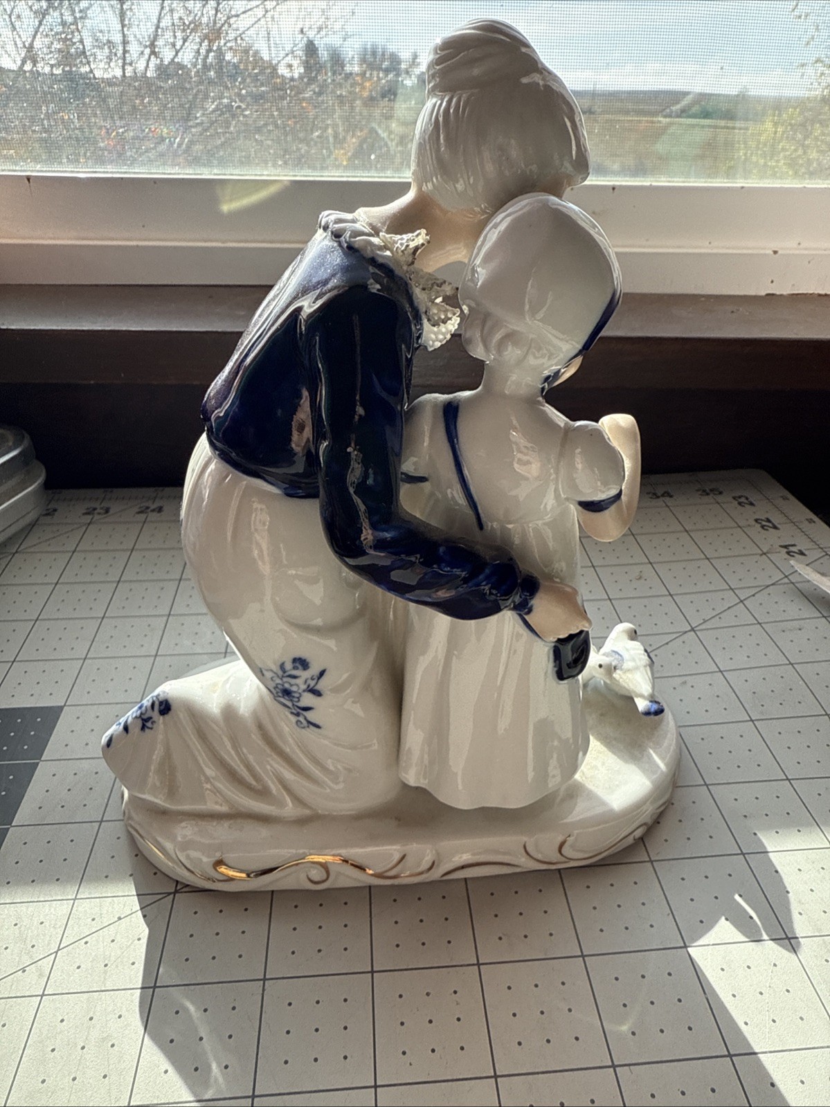 Woman & child with birds Figurine statue White And Cobalt Blue Gold Details J&J