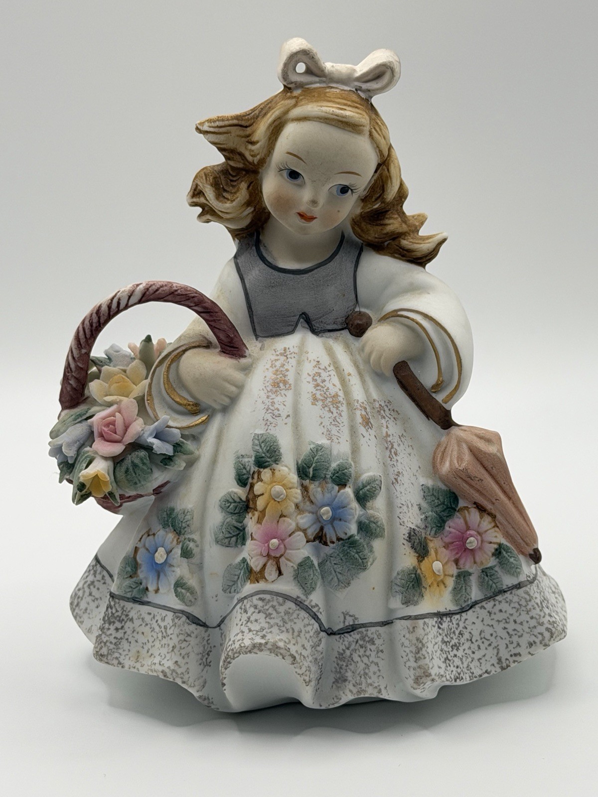 Vintage Lefton Hand Painted Porcelain Girl Flower Basket Figurine Made In Japan