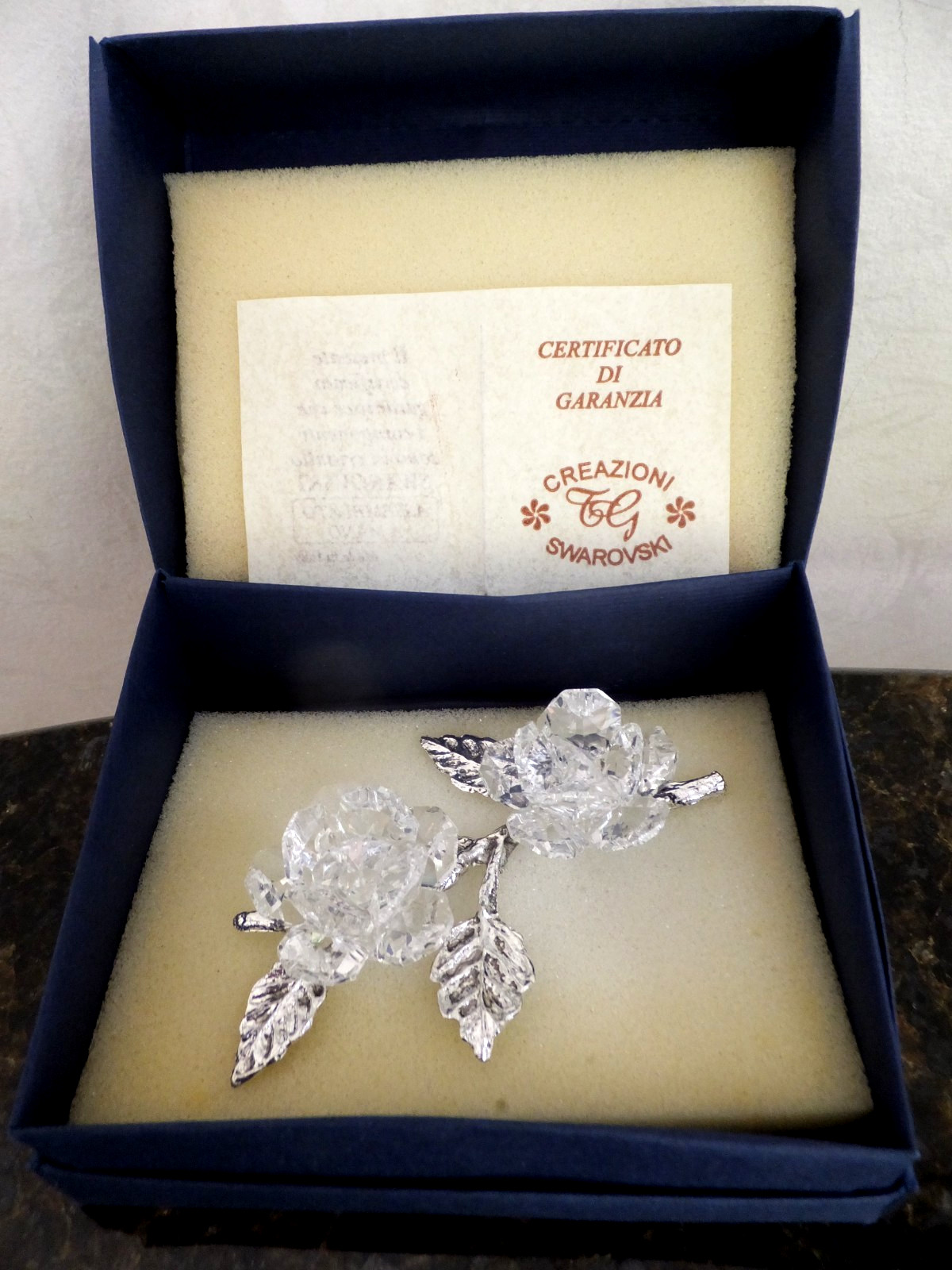 Swarovski Crystal Double Rose 4″ with silver metal stem & leaves. Made in Italy