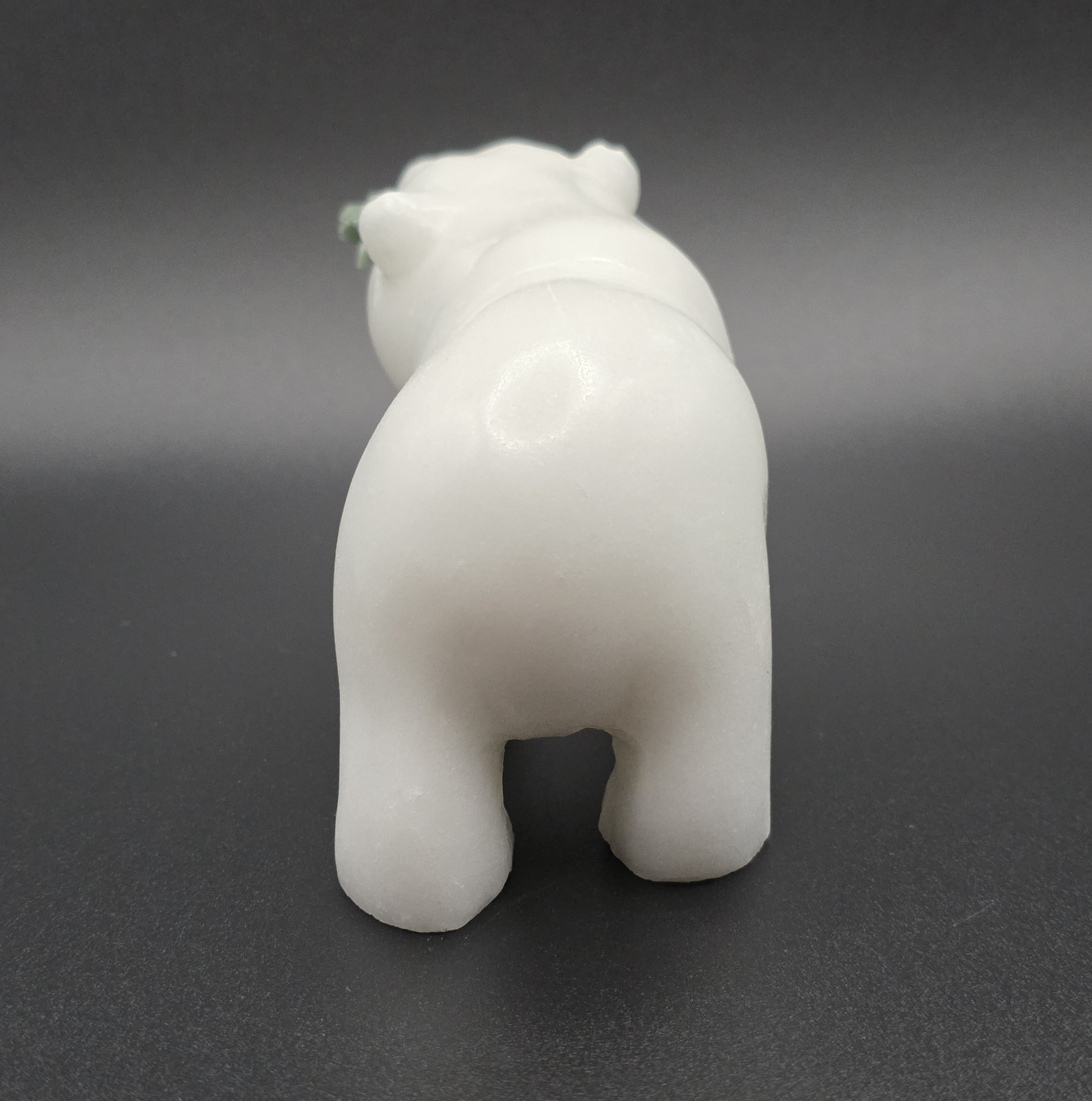 Vintage Carved White Quartz Polar Bear Figurine Green Jade Fish Sculpture Signed