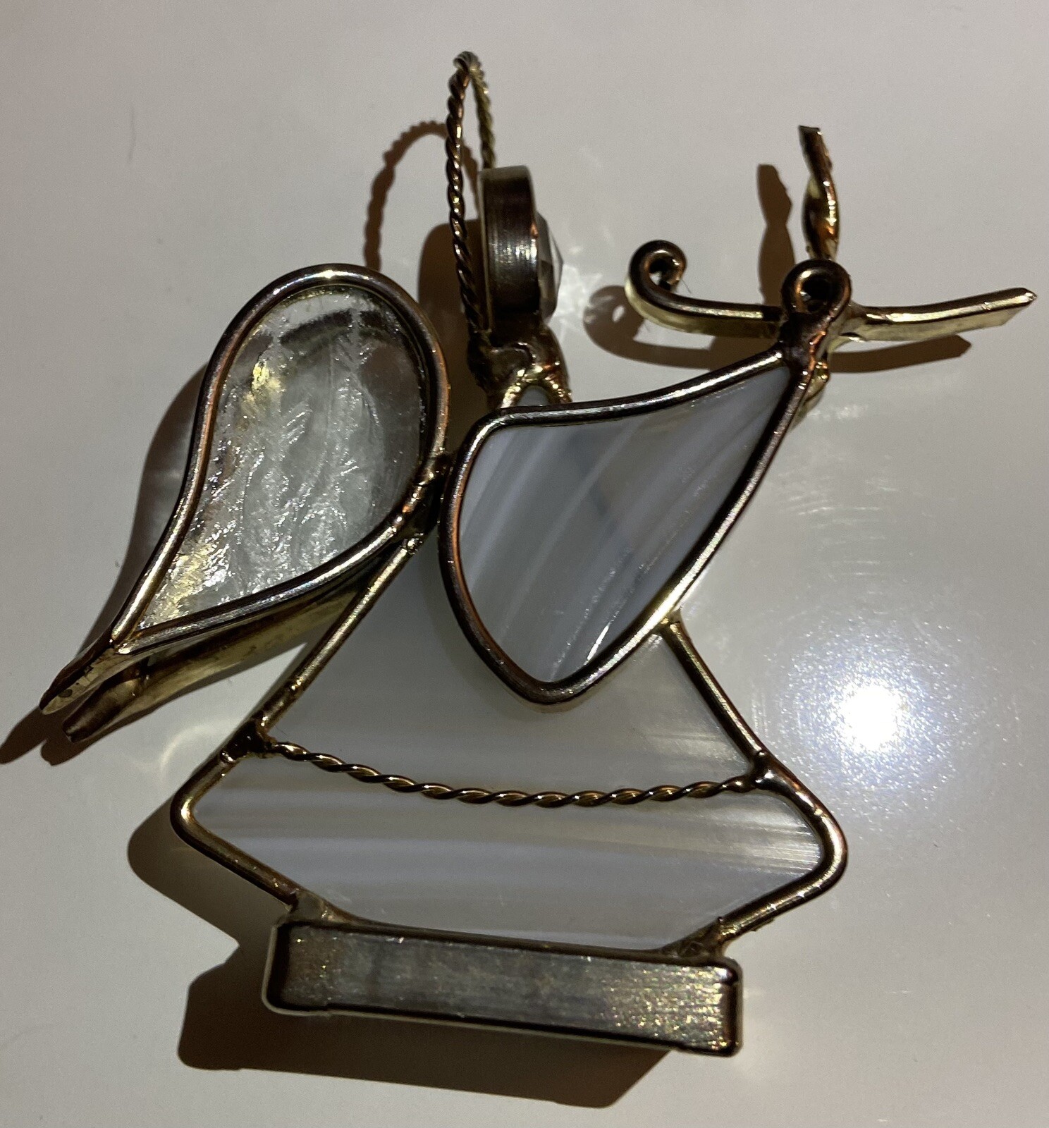 Free Standing Leaded Stained-Glass White Angel W/Halo Holding Candle 4”