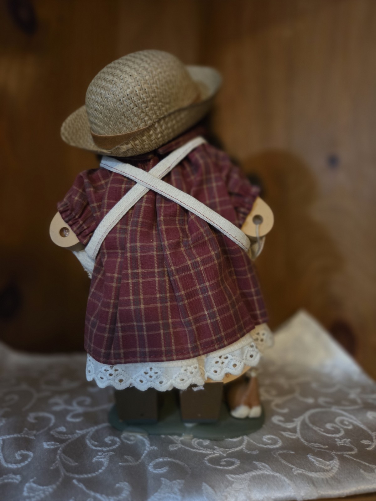 Kissie High Country Girl Figurine Straw Hat Red Plaid Dress Bear Decorative