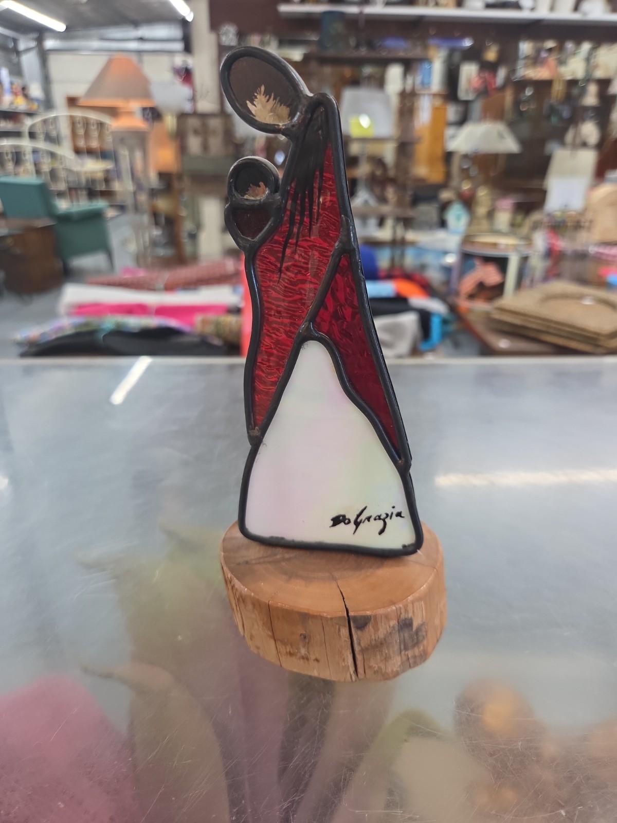 STAINED GLASS MOTHER WITH CHILD SCULPTURE ON WOOD BLOCK BY DEGRAZIA