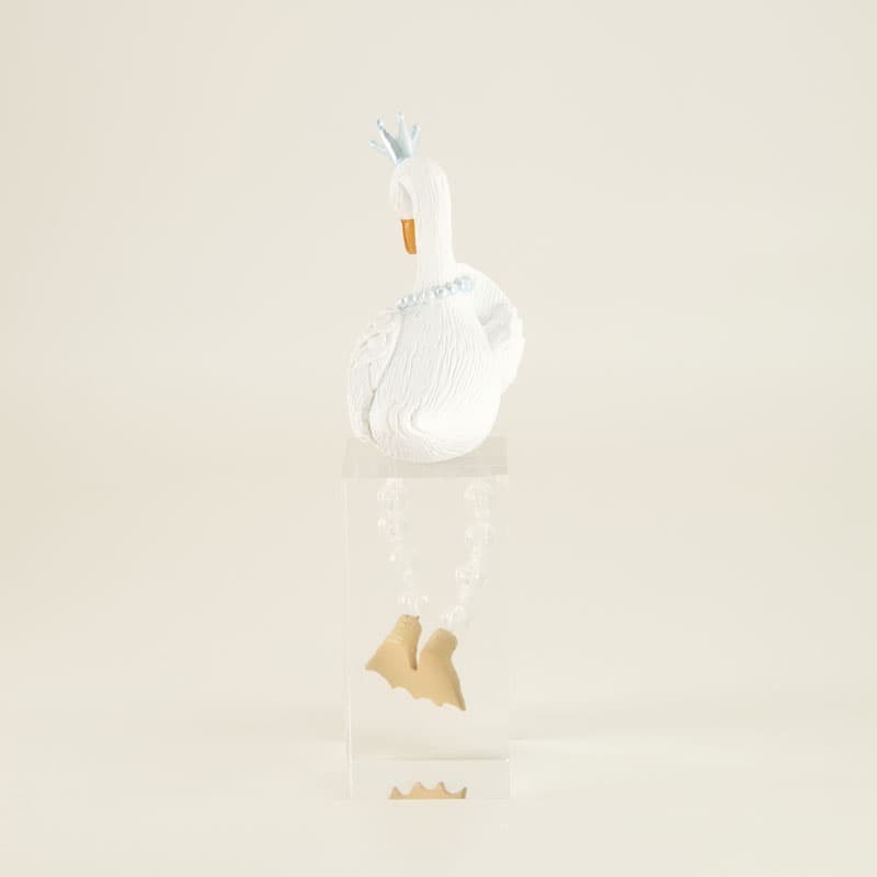 White Swan Shelf Sitter Figurine Light Blue Crown Beaded Dangle Legs Resin 7″
