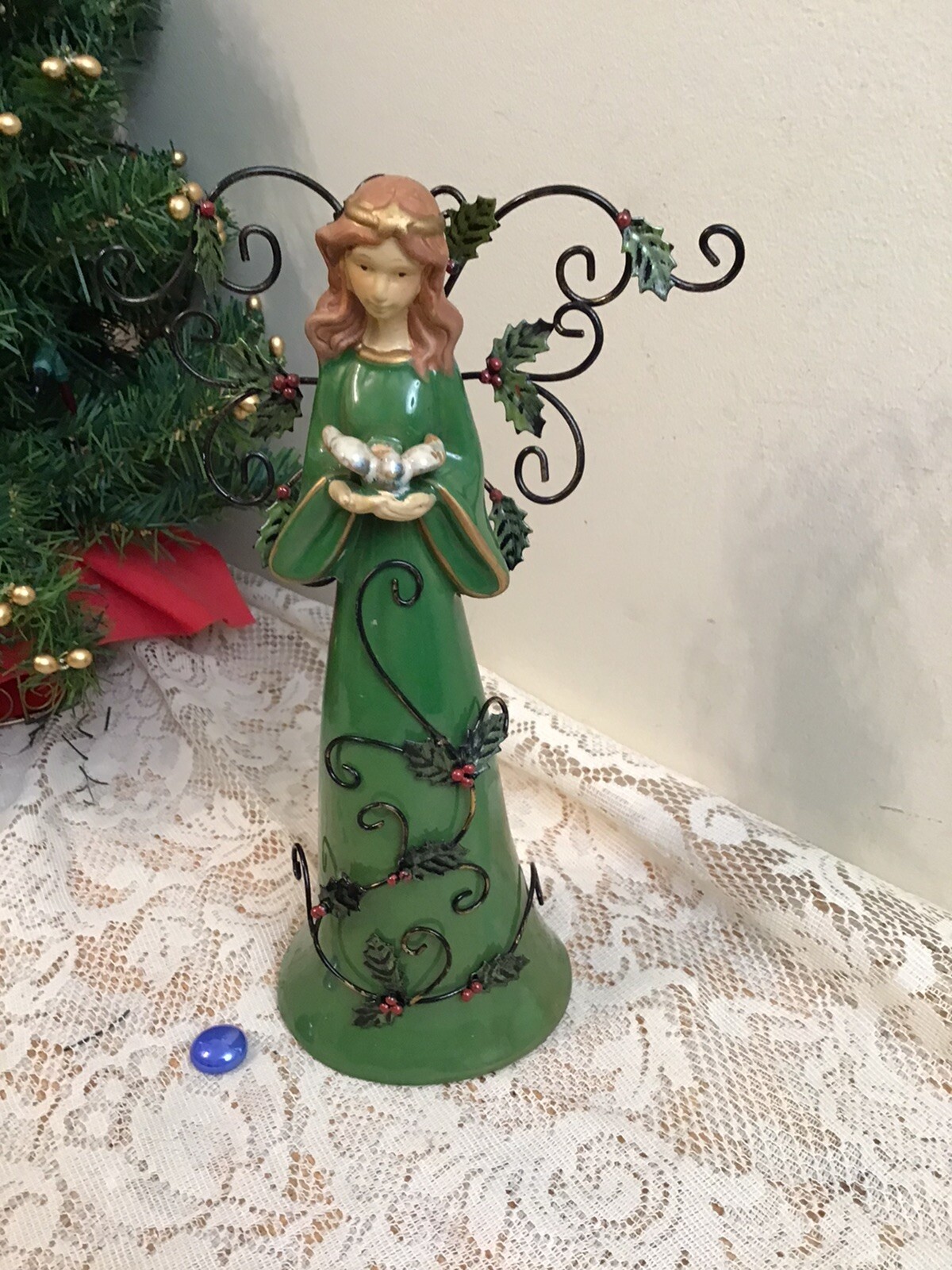 Ceramic Angel Figurine With Metal Wings – Holding Dove 11” tall