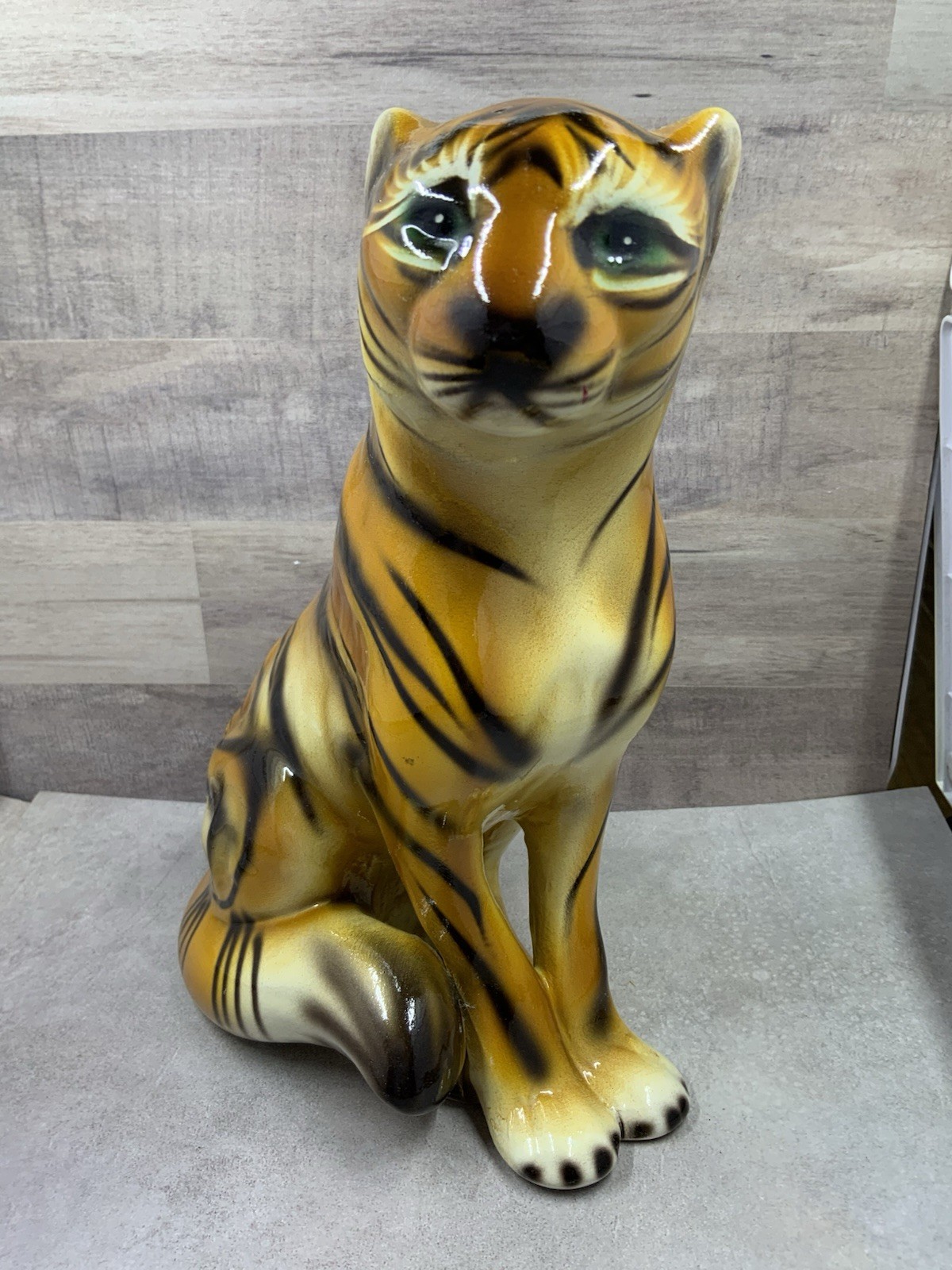 Vintage Large Seated Ceramic Tiger Statue 9.5” C.L.F Faiancas Alcobaca Portugal