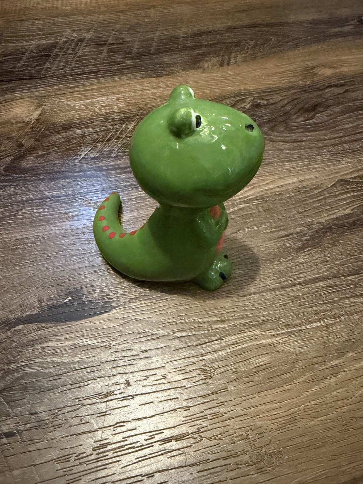 Hand Painted Green Ceramic Dinosaur Figurine w/ Red Spots, Unboxed