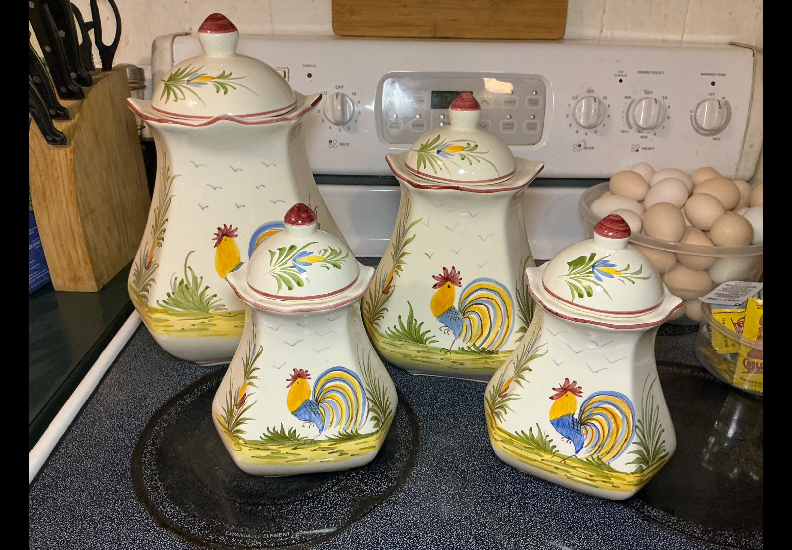 J. Willfred Sadek Hand Painted Ceramic Rooster Canister Set