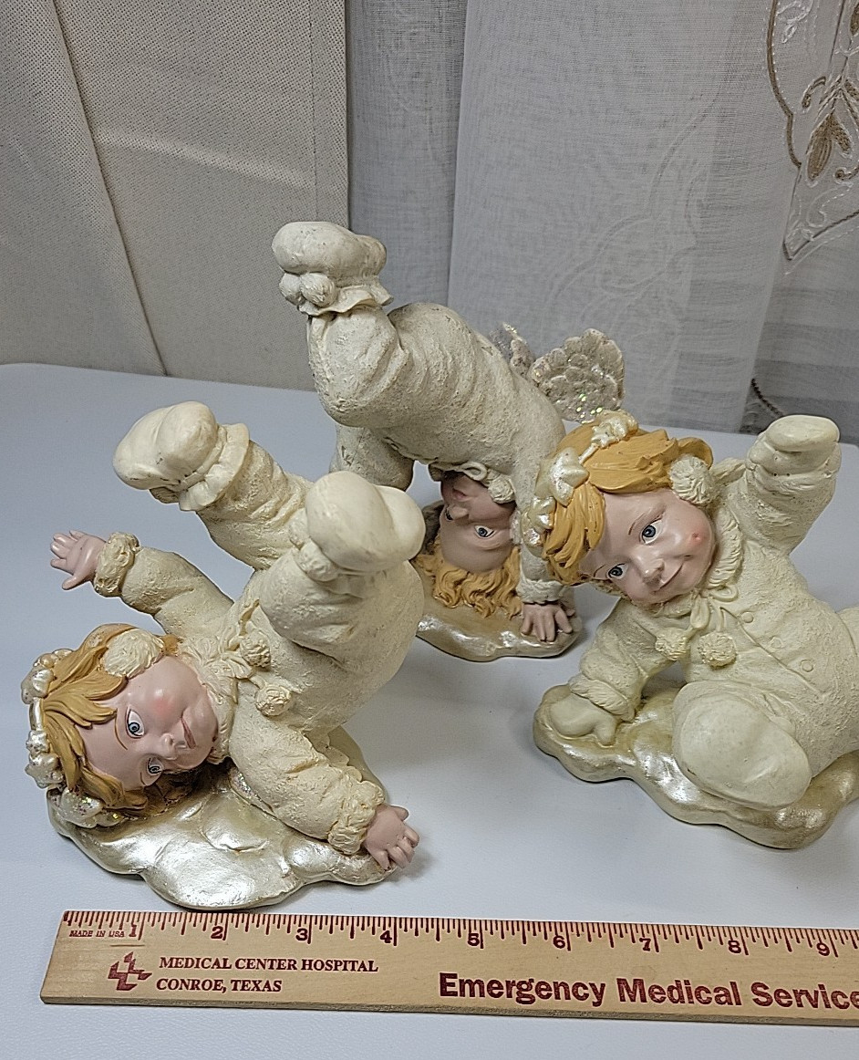 VTG 3 Tumbling Toddler Kids Angels Cherubs In Pajamas Slippers Resin Figurines