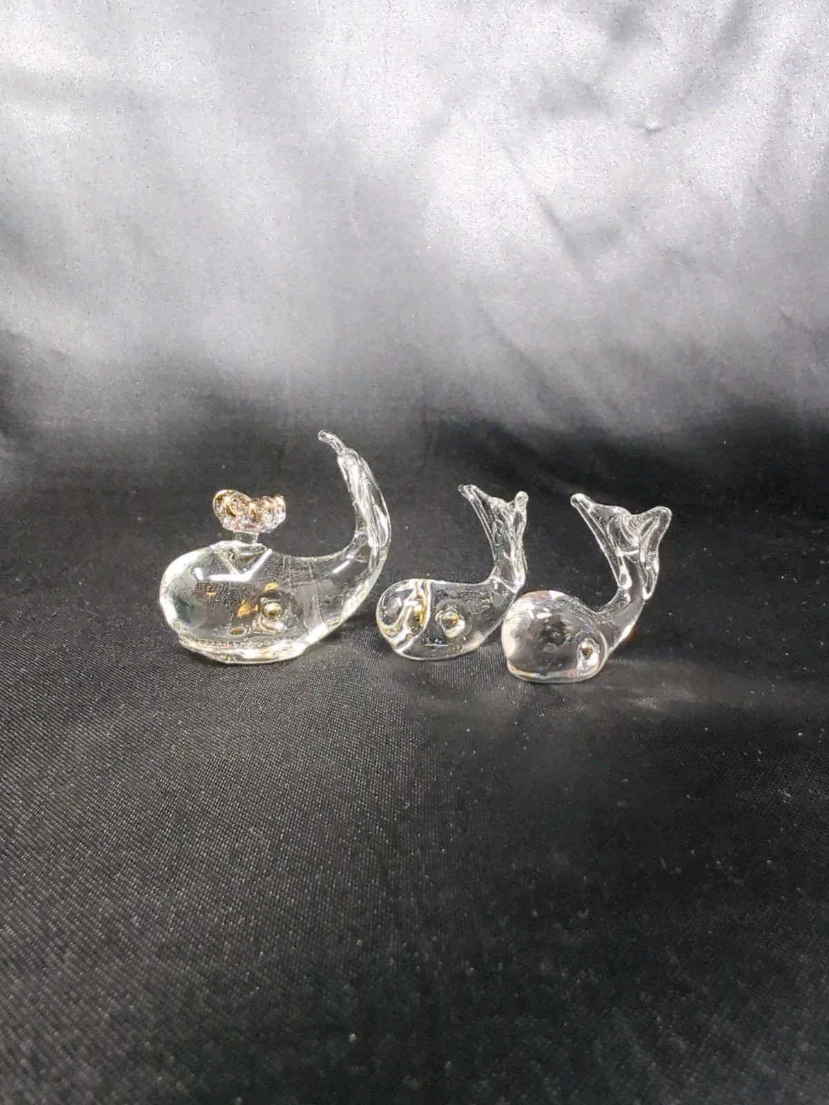 3 Mini Clear Glass Gold Detail Whale Figurines Figure Decor Ocean Mama Baby Trio