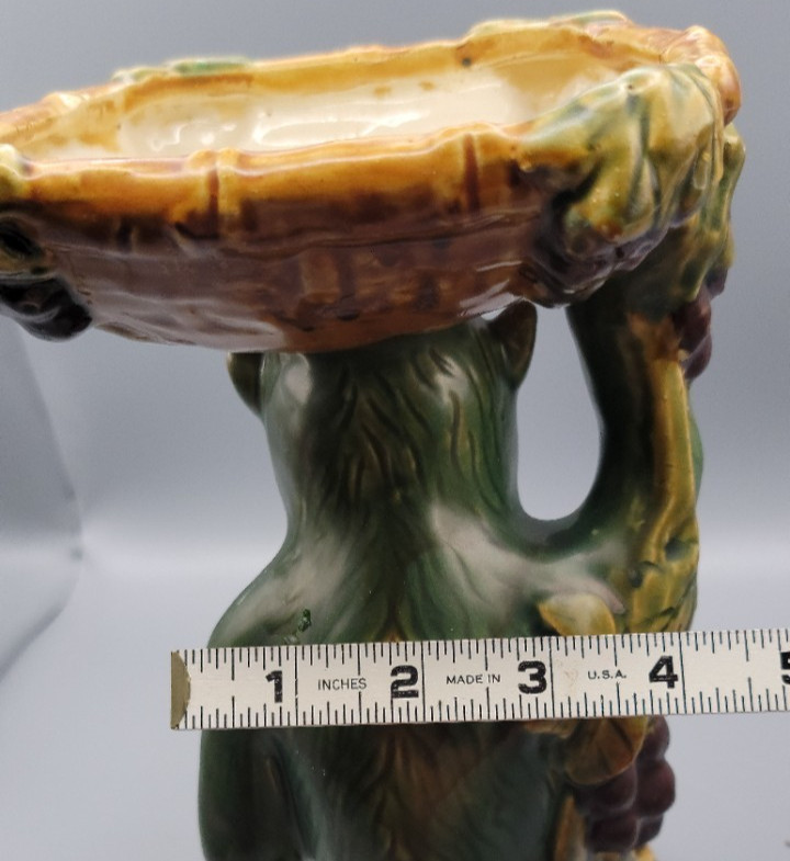 60s VTG Majolica Style Ceramic Monkey Holding Basket Pedestal Bowl Figurine 9.5″