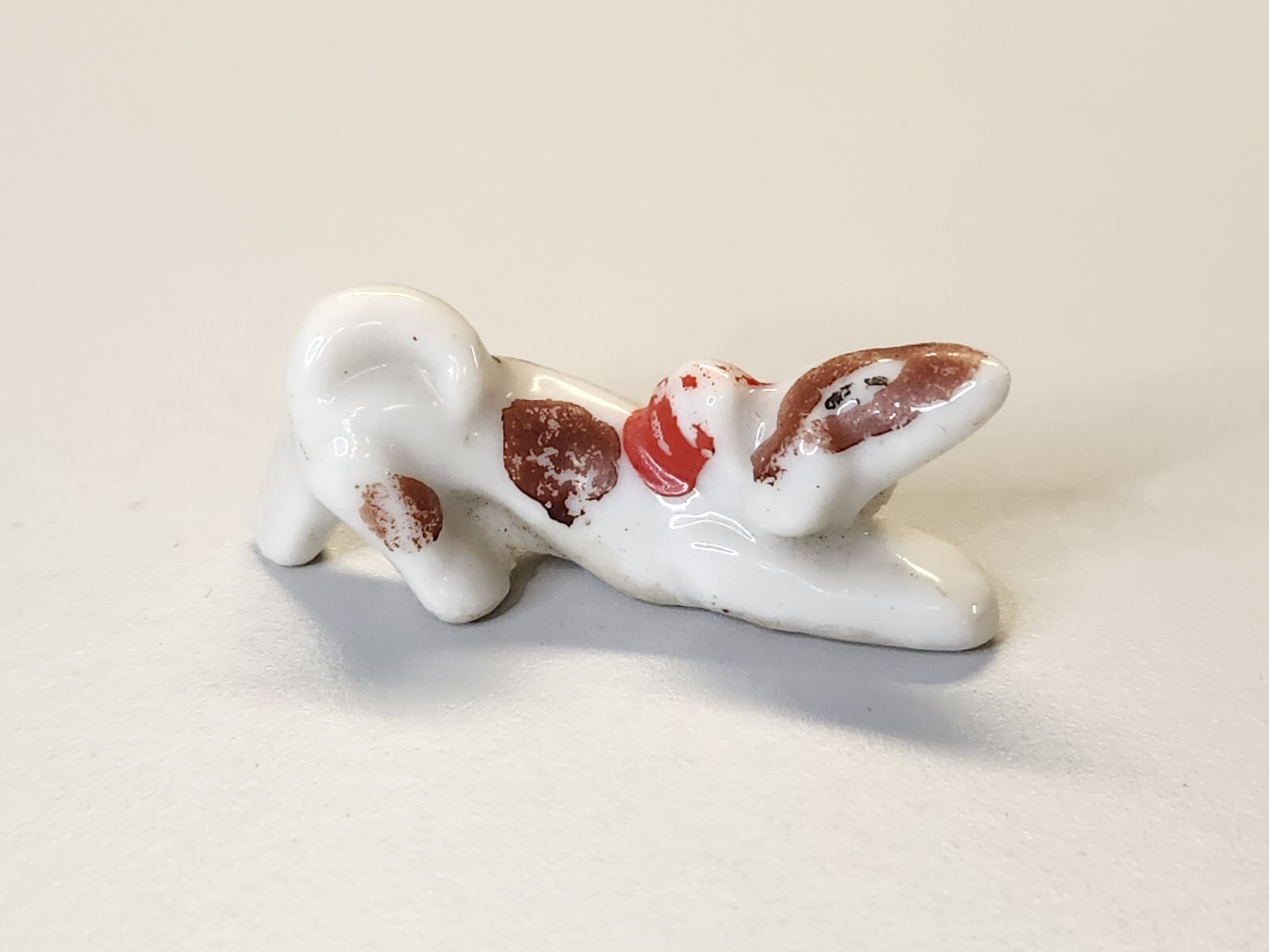 Vintage Miniature Dog Figurine Brown White Red Scarf Hand Painted Japan